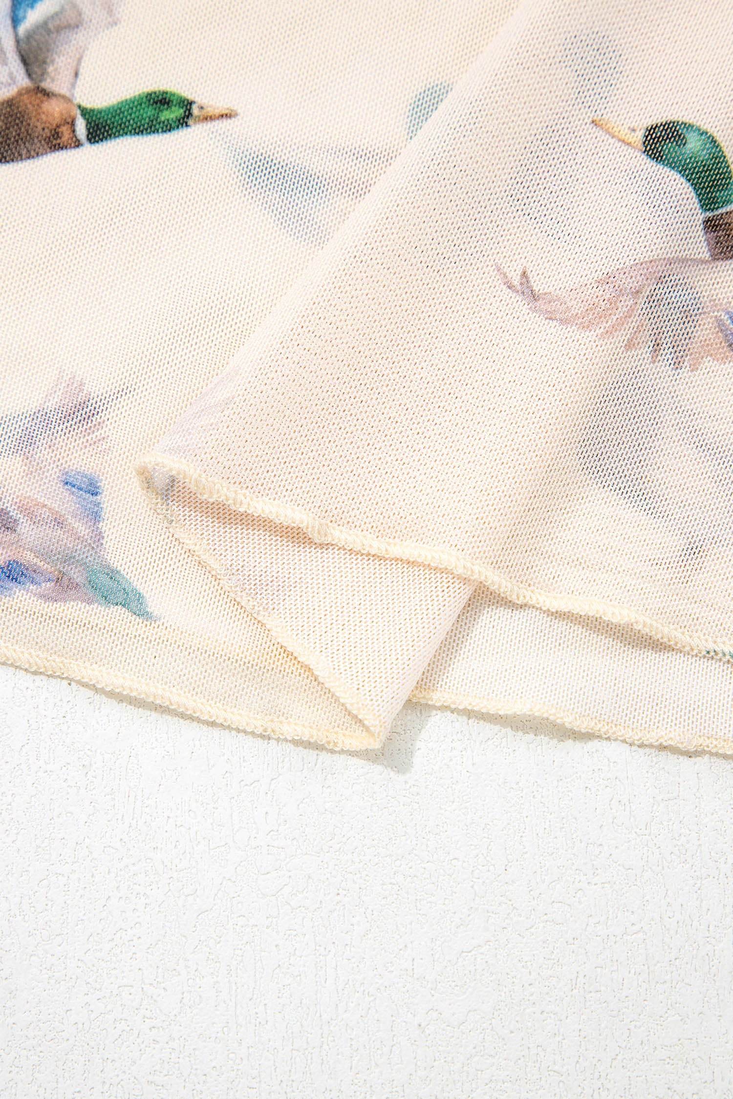 Beige Mallard Print Sheer Mesh Top Short Sleeve Women S-XL