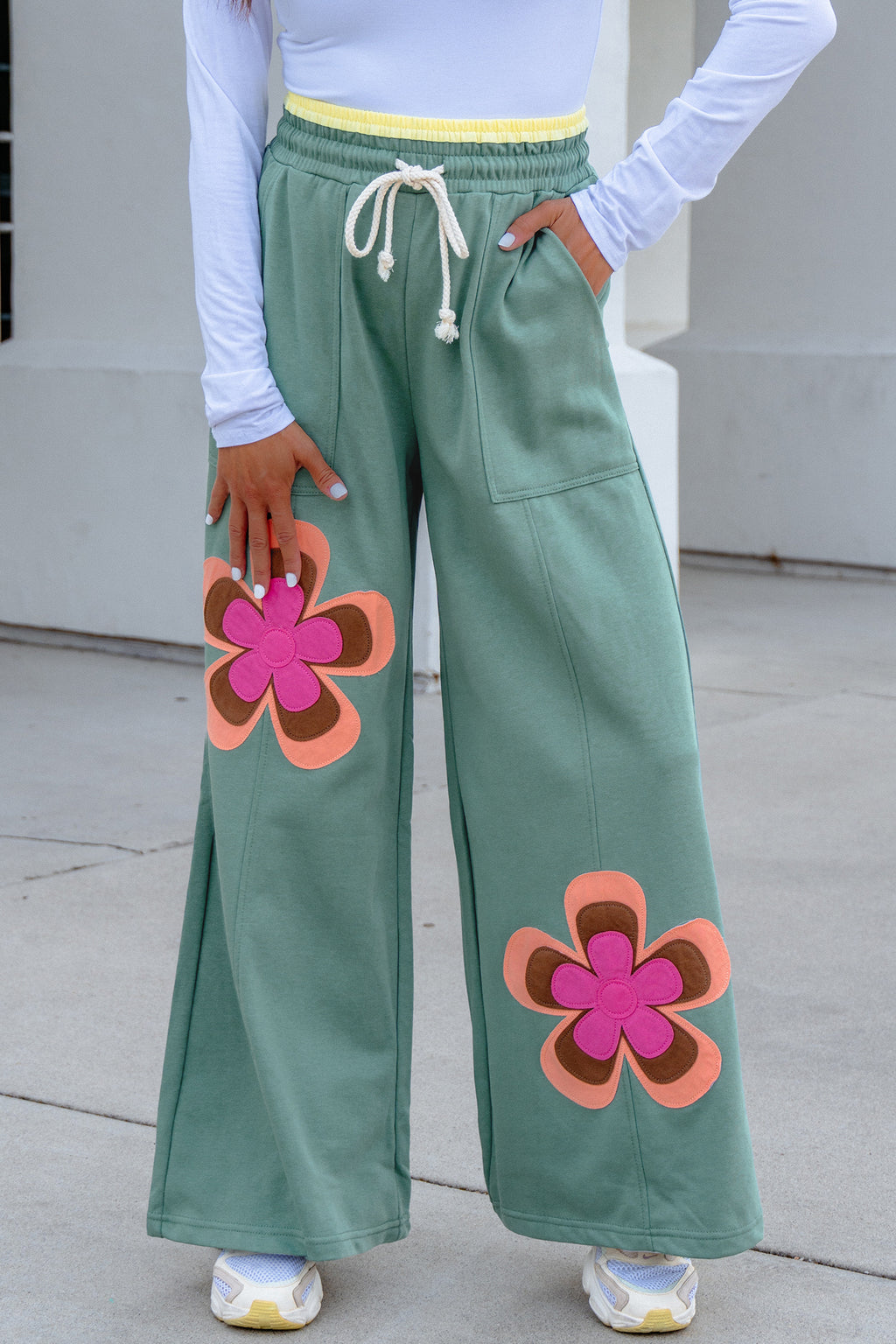 Green Floral Patchwork Wide Leg Pants | Boho Drawstring Waist