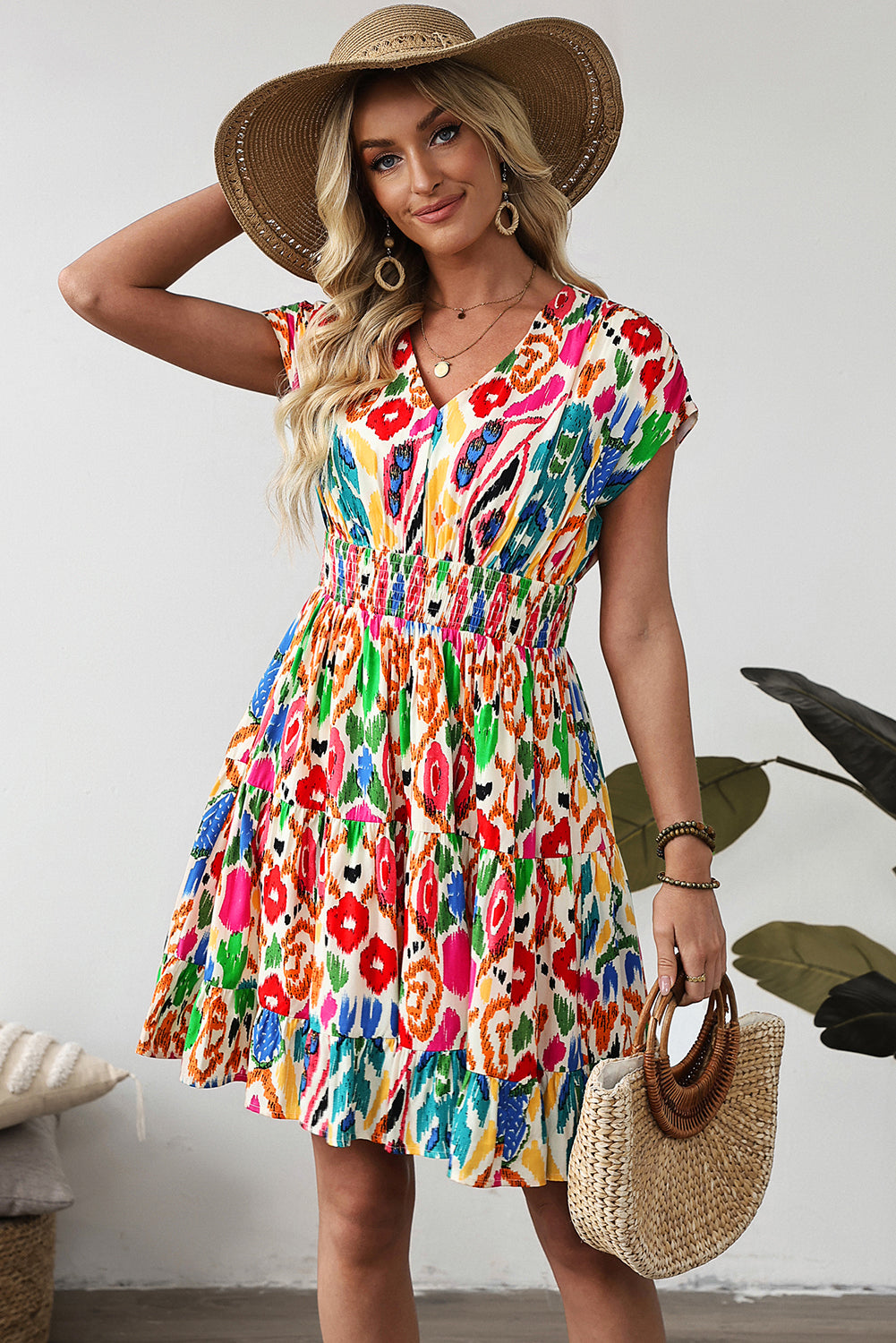Women's Abstract Print V-Neck Dolman Sleeve Ruffle Tiered Mini Dress S-XL at LivelyLooks