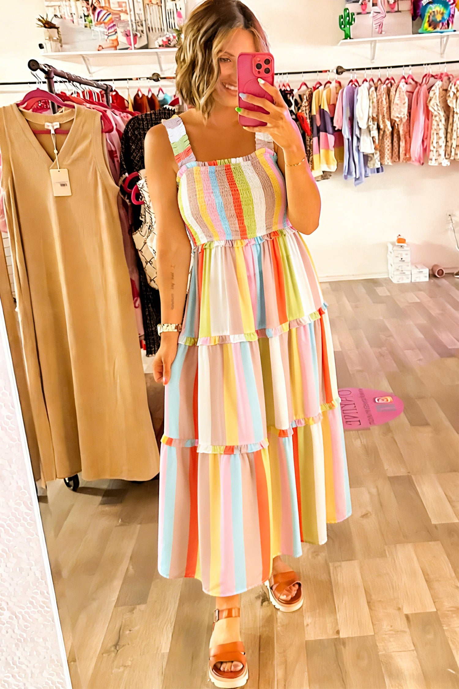Green Striped Smocked Tiered Maxi Dress Ruffle Square Neck S-XL