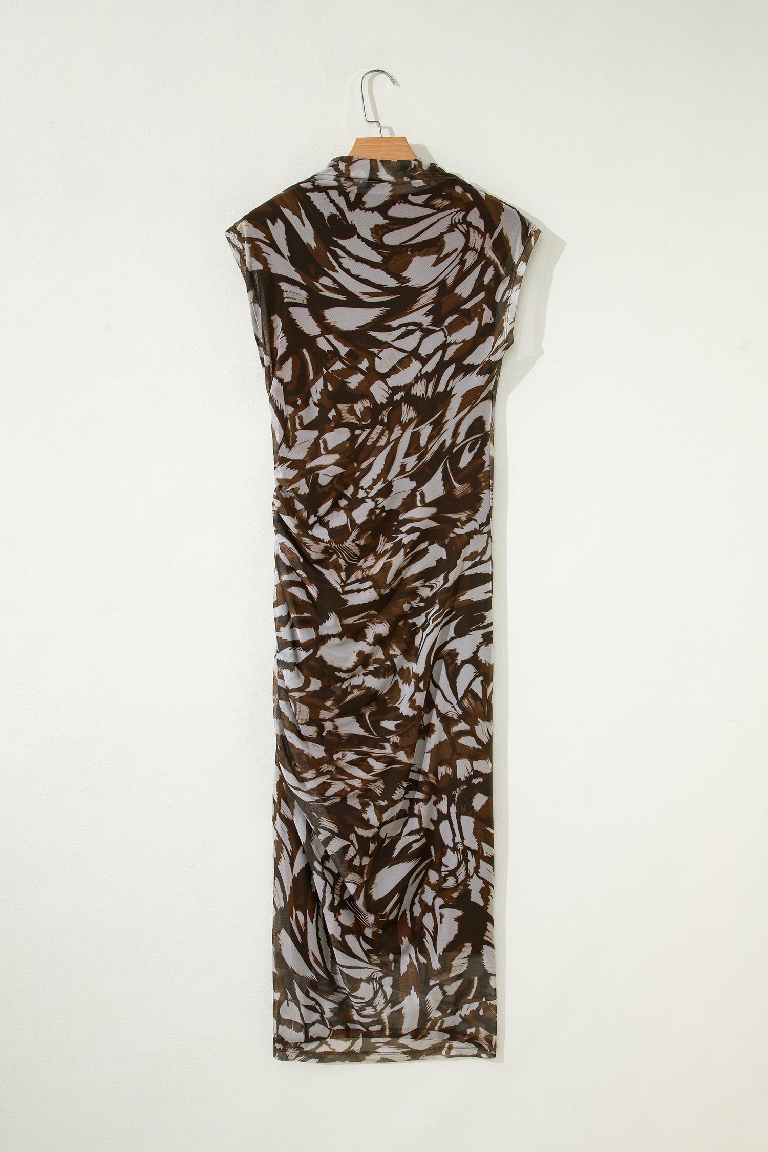 Brown Abstract Print Mesh Cowl Neck Ruched Midi Dress with Slit S-XL