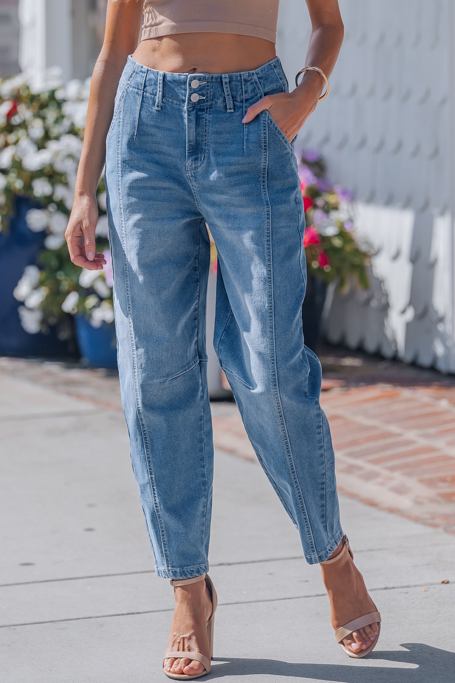 Shop Blue Medium Wash Cuffed Barrel Leg Jeans Mid-Rise Denim UK 4-16 at LivelyLooks