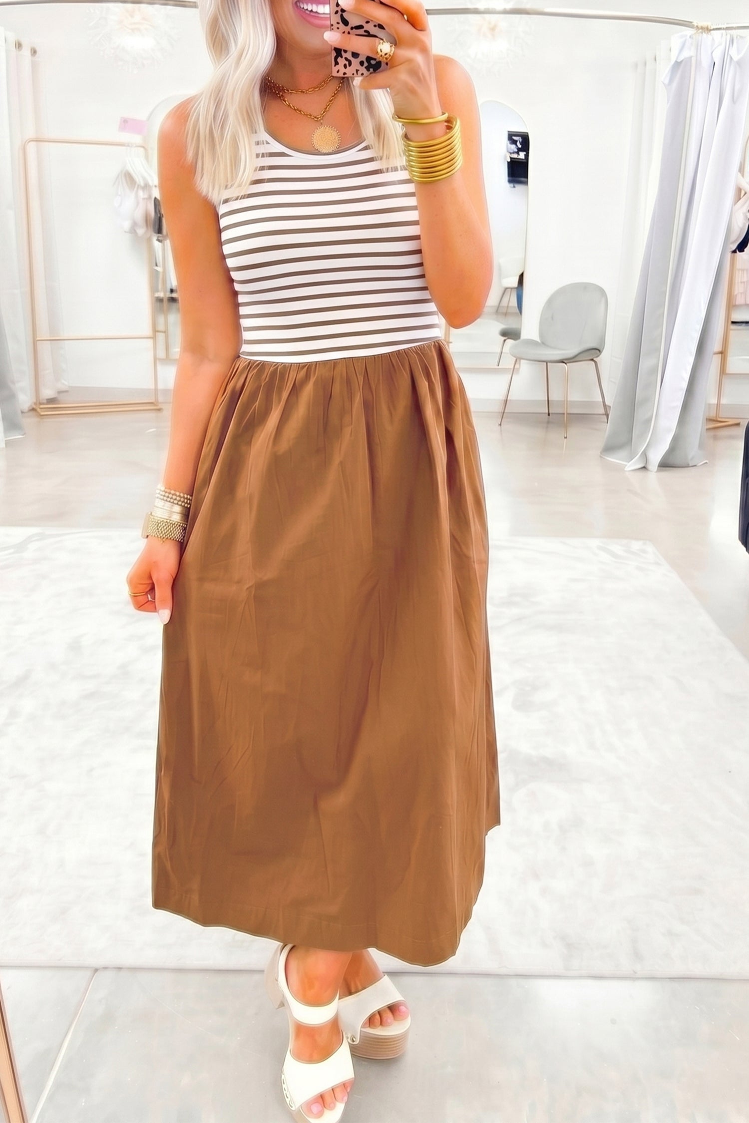 Chestnut Striped Colourblock Patchwork Sleeveless Casual Long Dress | UK 8–16