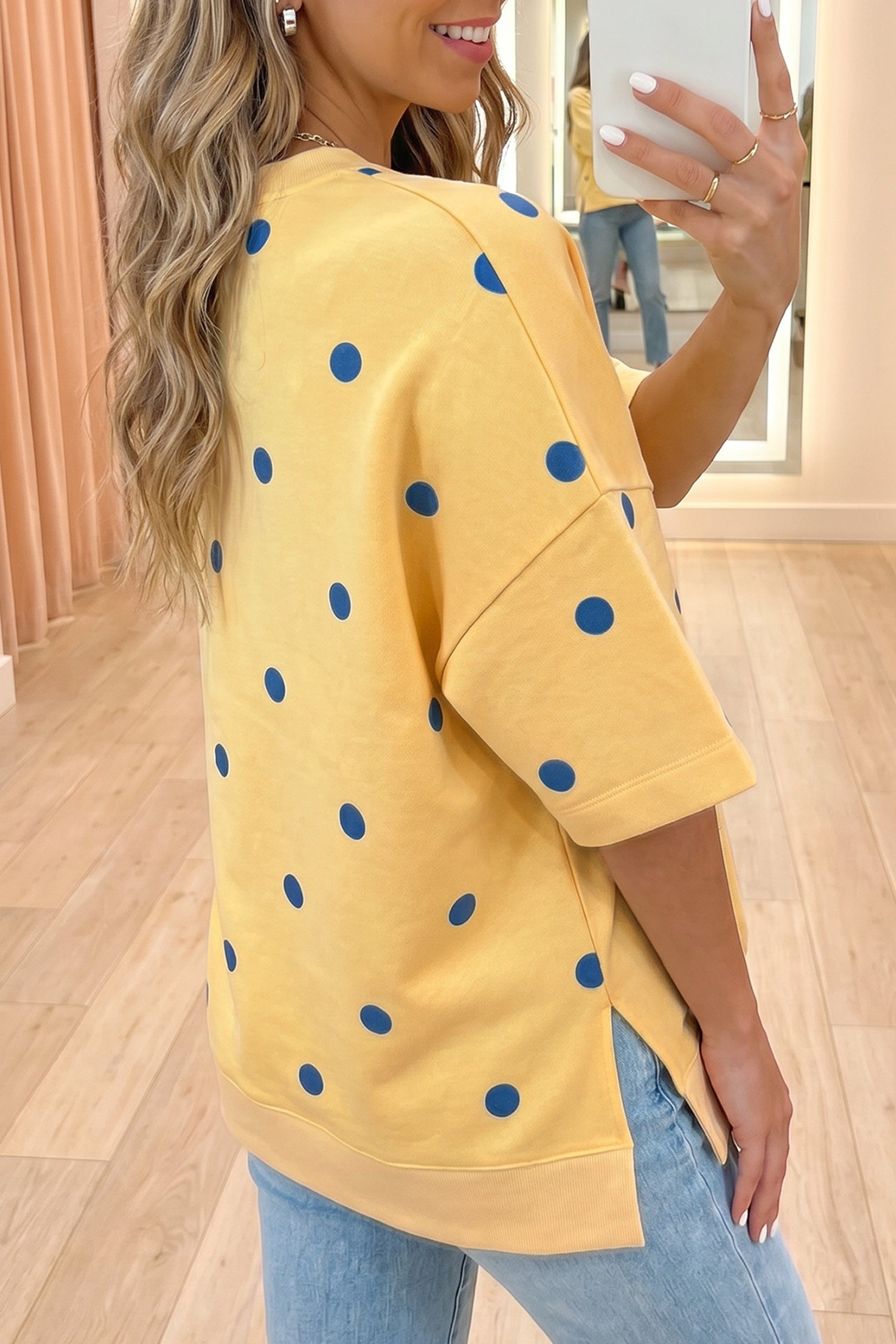 Women's Polka Dot Oversized Tee Crossed Seam Detail Yellow Sky Blue S-XL