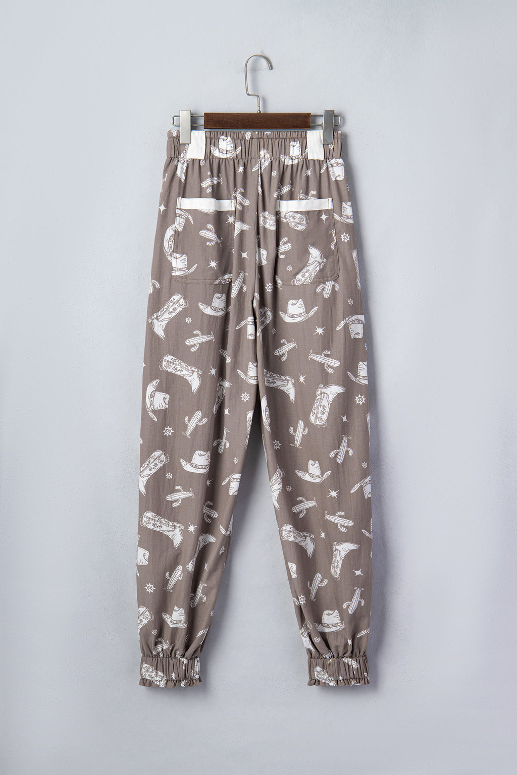 Khaki Western Cactus Cowgirl Print Vintage Drawstring Jogger Pants