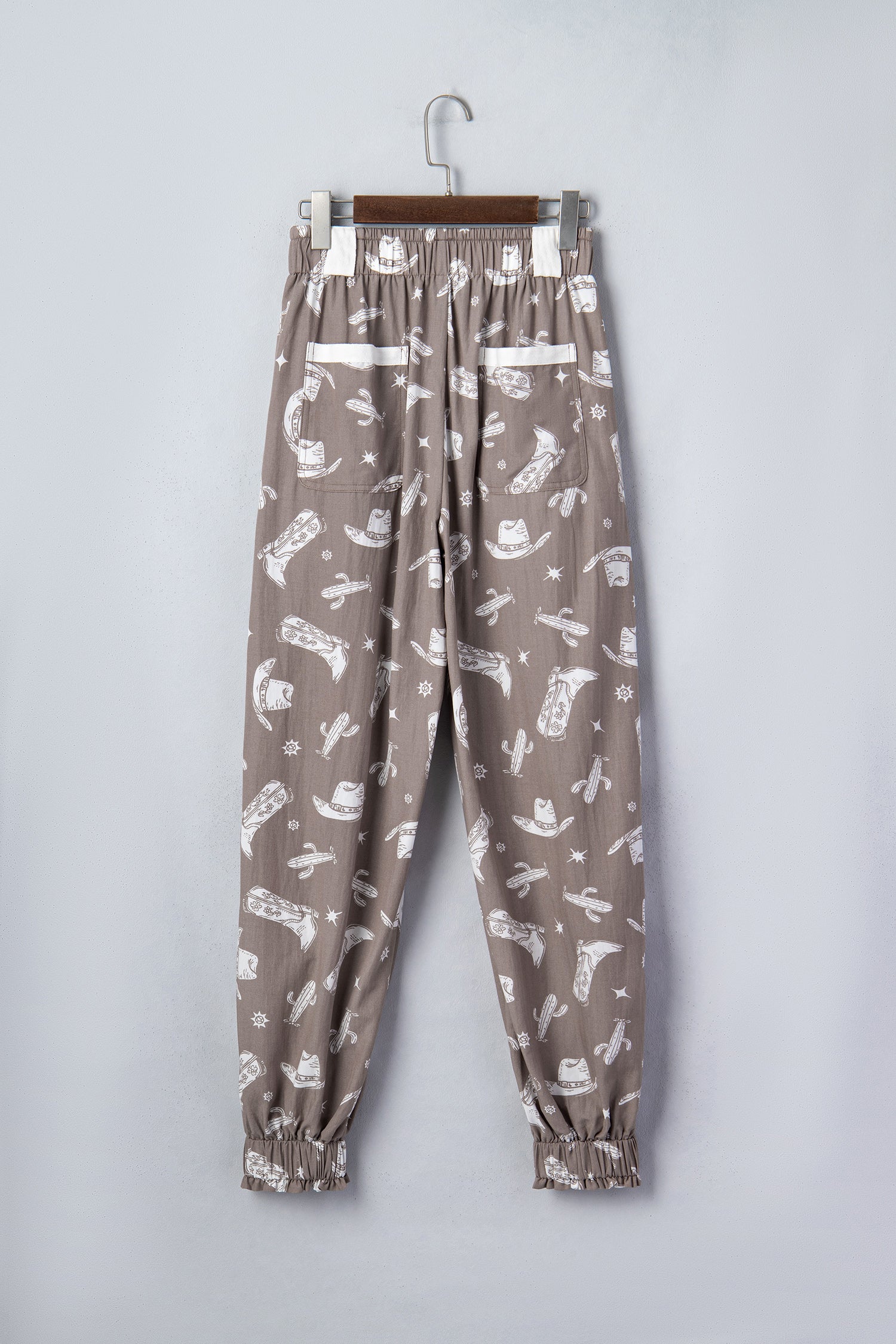 Khaki Western Cactus Cowgirl Print Vintage Drawstring Jogger Pants