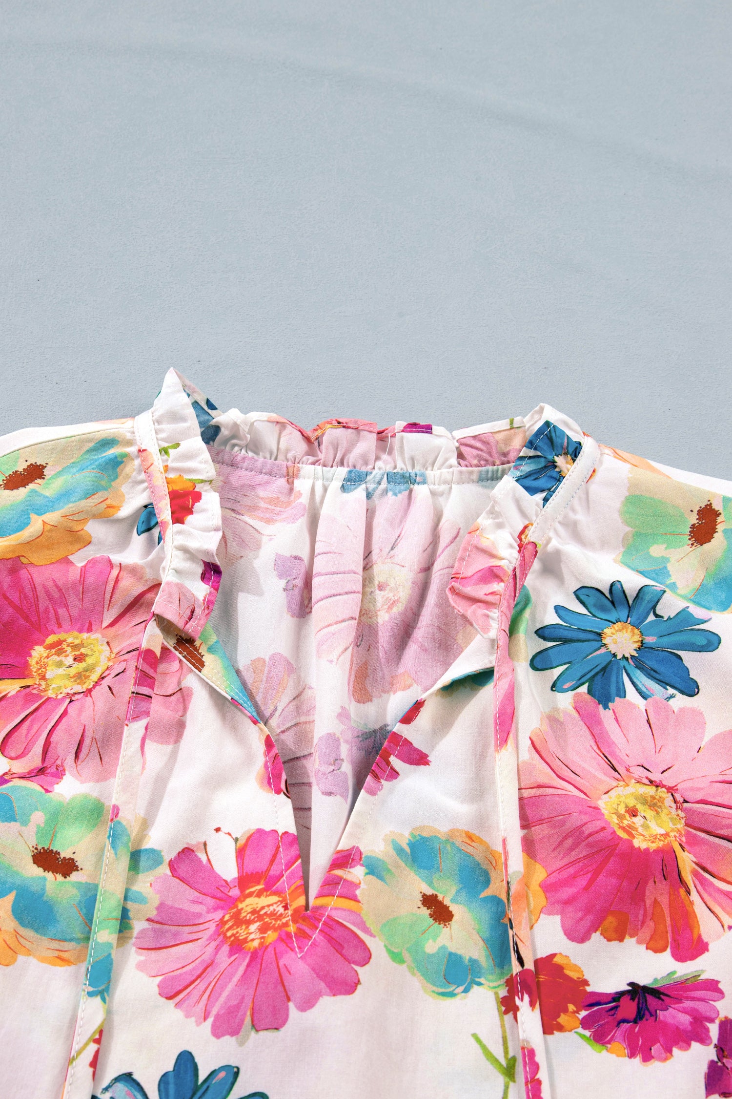 Beige Floral Blouse Tie V Neck Short Puff Sleeve Summer Women S-XL