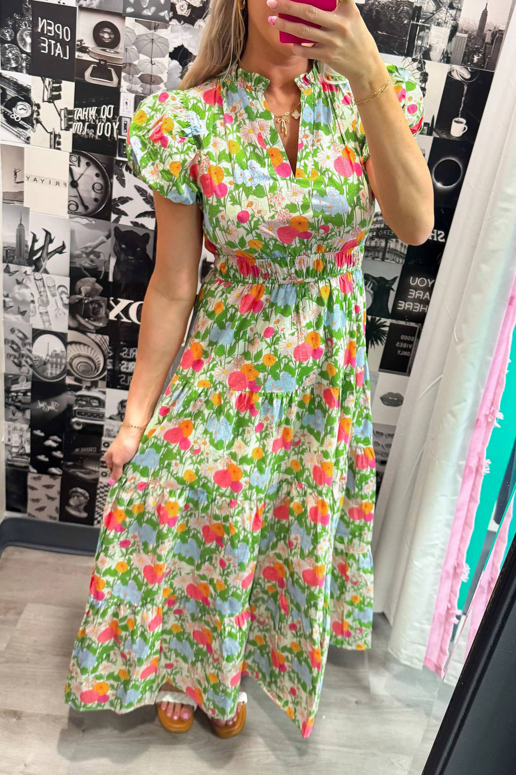 Shop Green Floral Print V-Neck Puff Sleeve Cotton Maxi Dress at LivelyLooks
