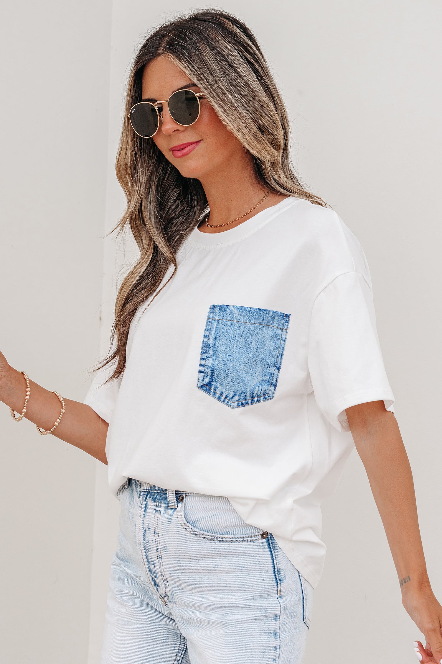 LivelyLooks Sail Blue Colour Block Chest Pocket Casual Short Sleeve Top women's fashion