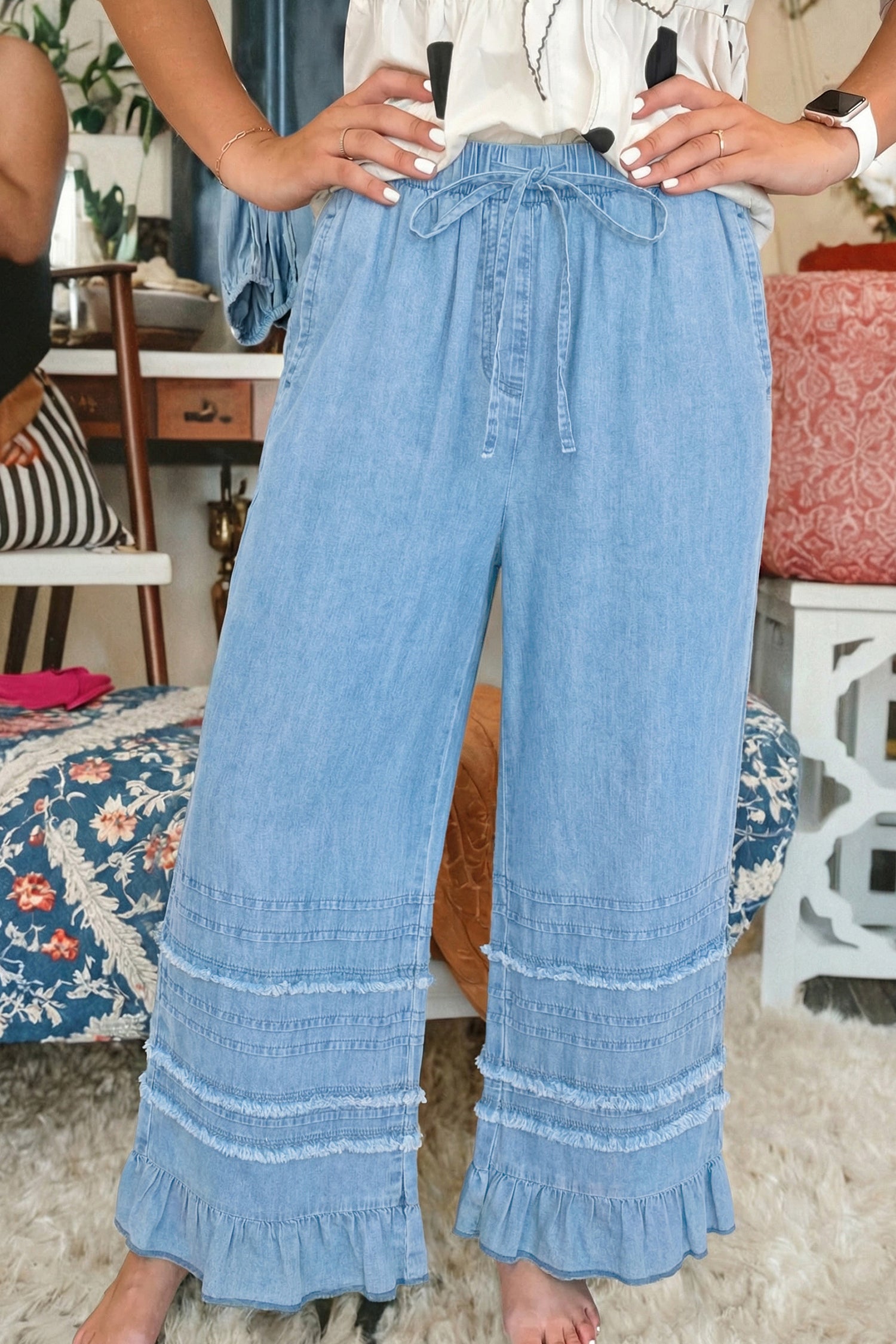 Beau Blue Ruffled Hem Wide Leg Chambray Trousers | Sizes 4-16