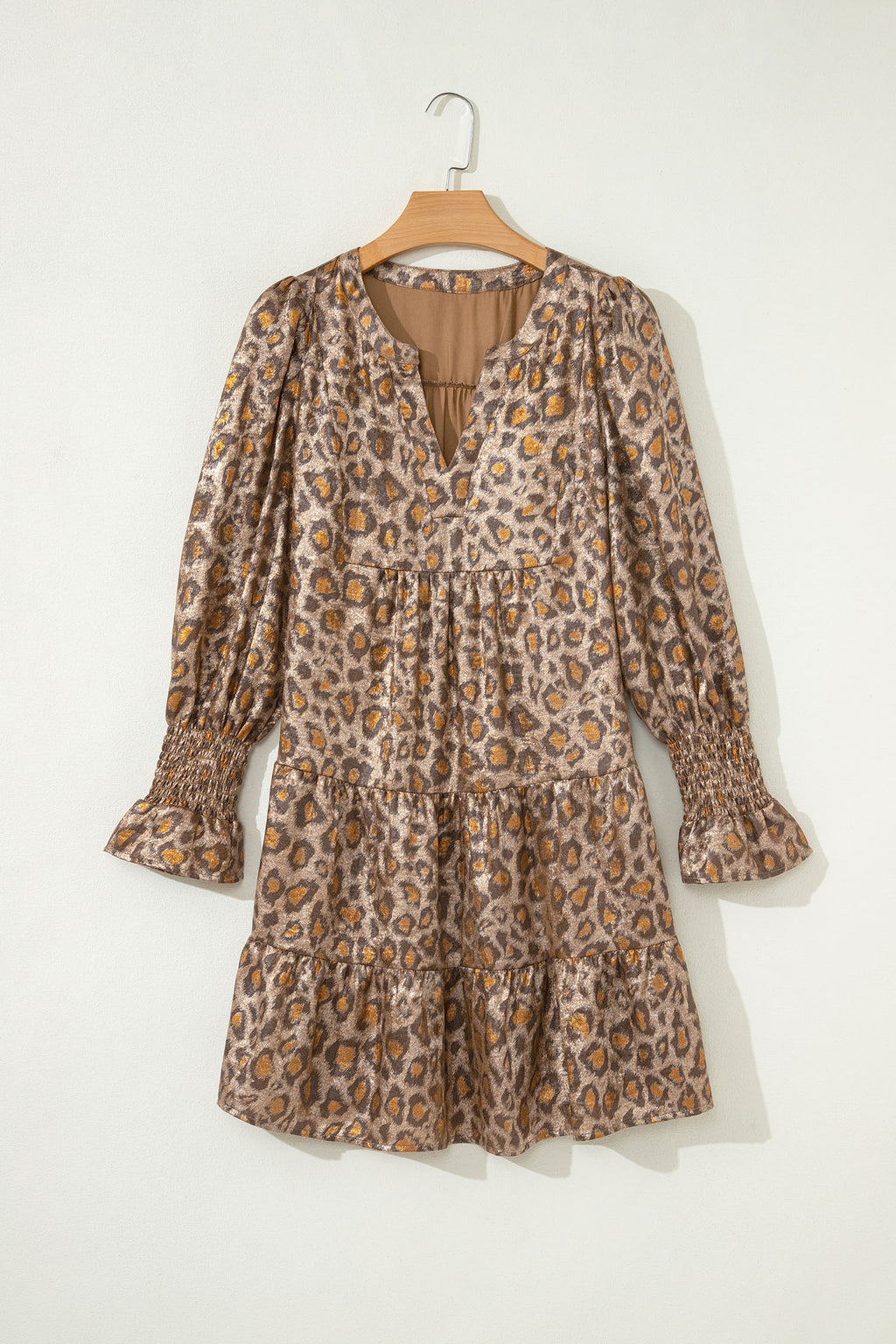 Women's Khaki Leopard Print V Neck Ruffled Sleeve Tiered Mini Dress at LivelyLooks
