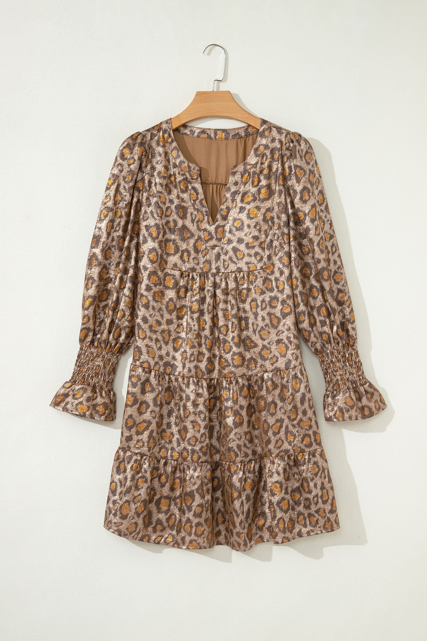 Women's Khaki Leopard Print V Neck Ruffled Sleeve Tiered Mini Dress at LivelyLooks