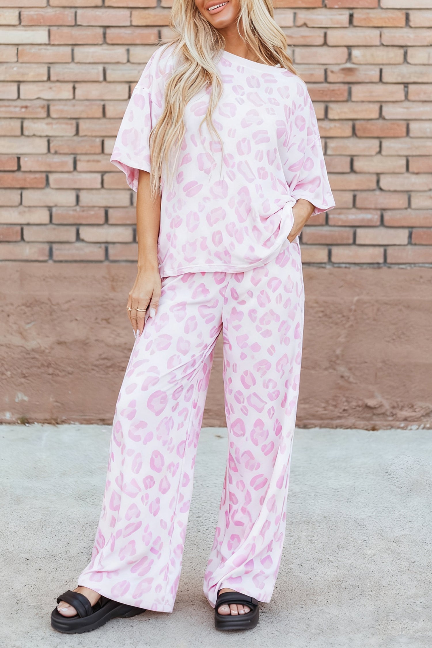 Pink Leopard Print Top & Wide Leg Pants Co-ord Set | UK 8–22