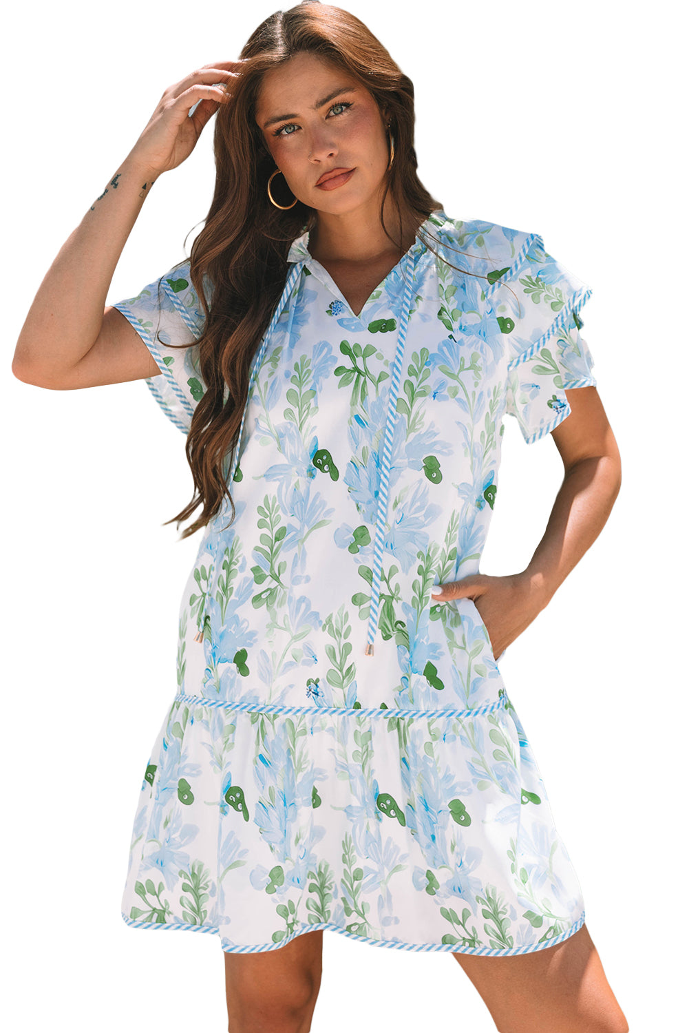 Floral Contrast Edge Layered Sleeve Mini Dress | Sky Blue & Pink