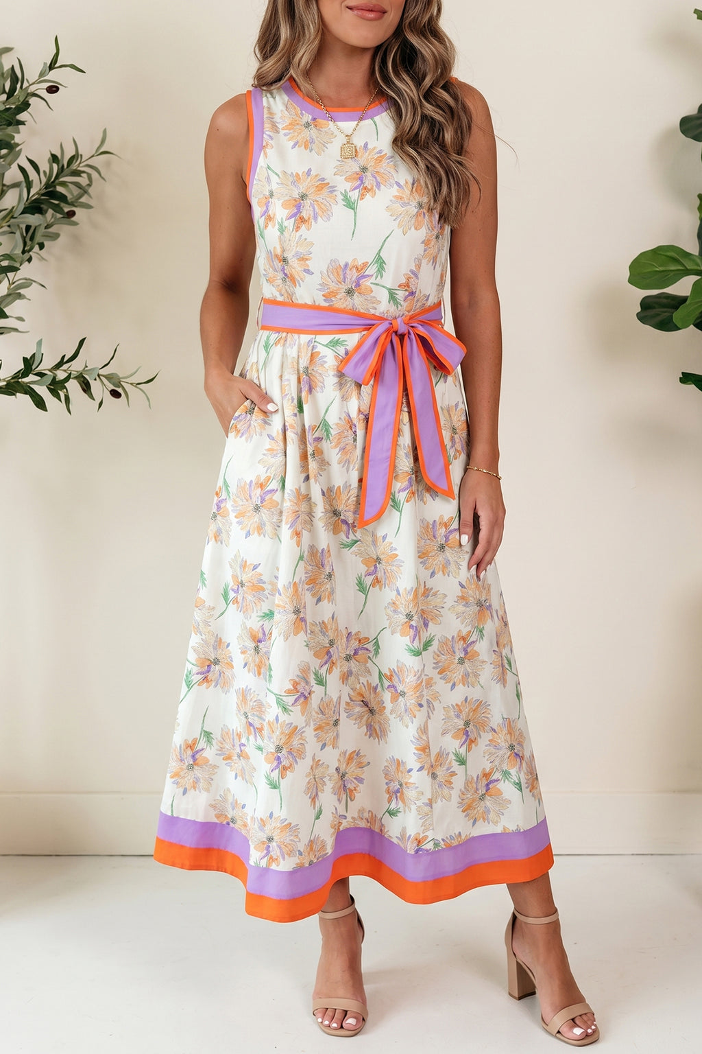 Women's White Floral Print Colour Block Trim Belted Sleeveless Maxi Dress at LivelyLooks