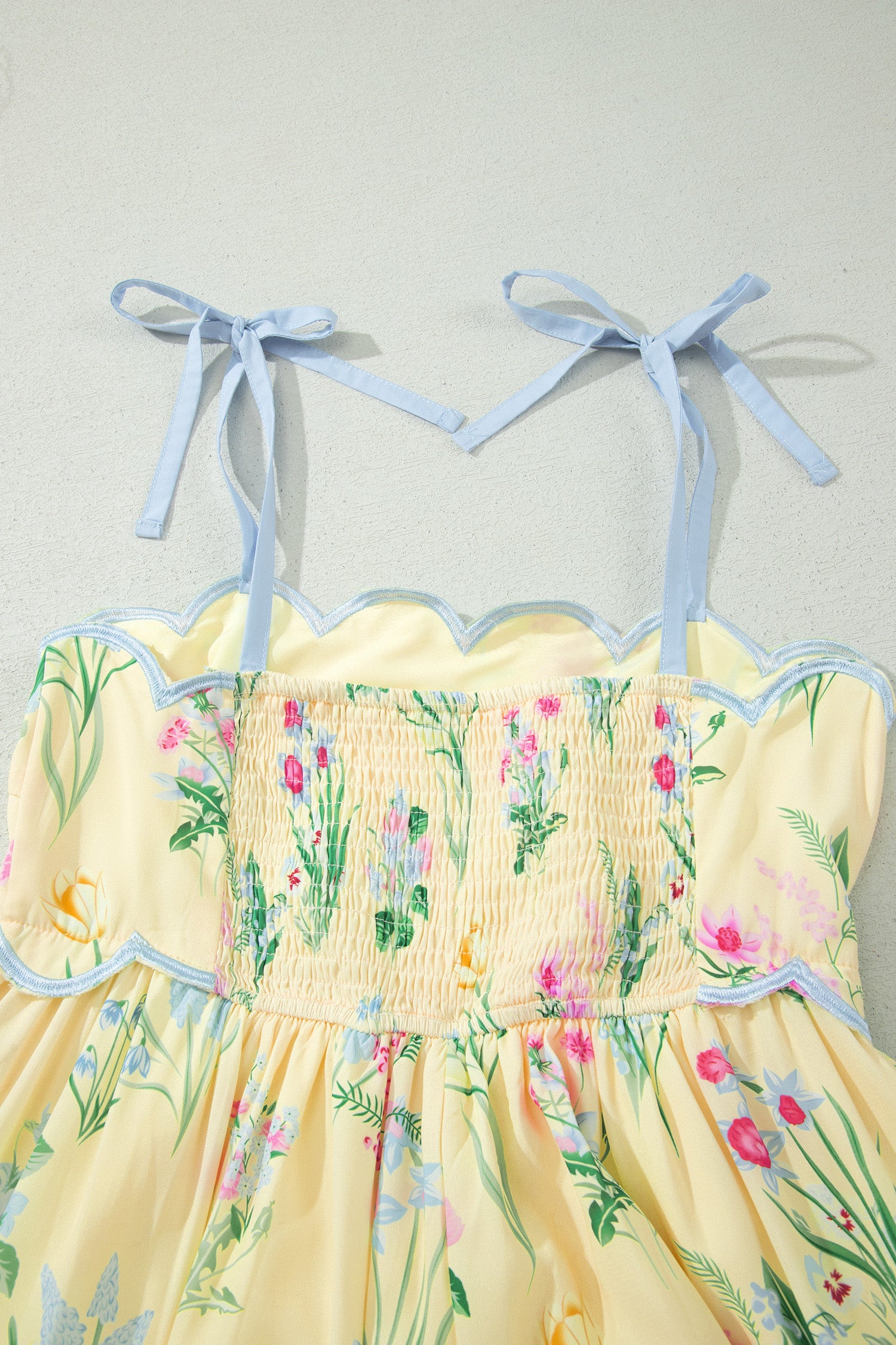 Floral Midi Dress Contrast Trim Self-Tie Straps High Waist Beige Pink Yellow