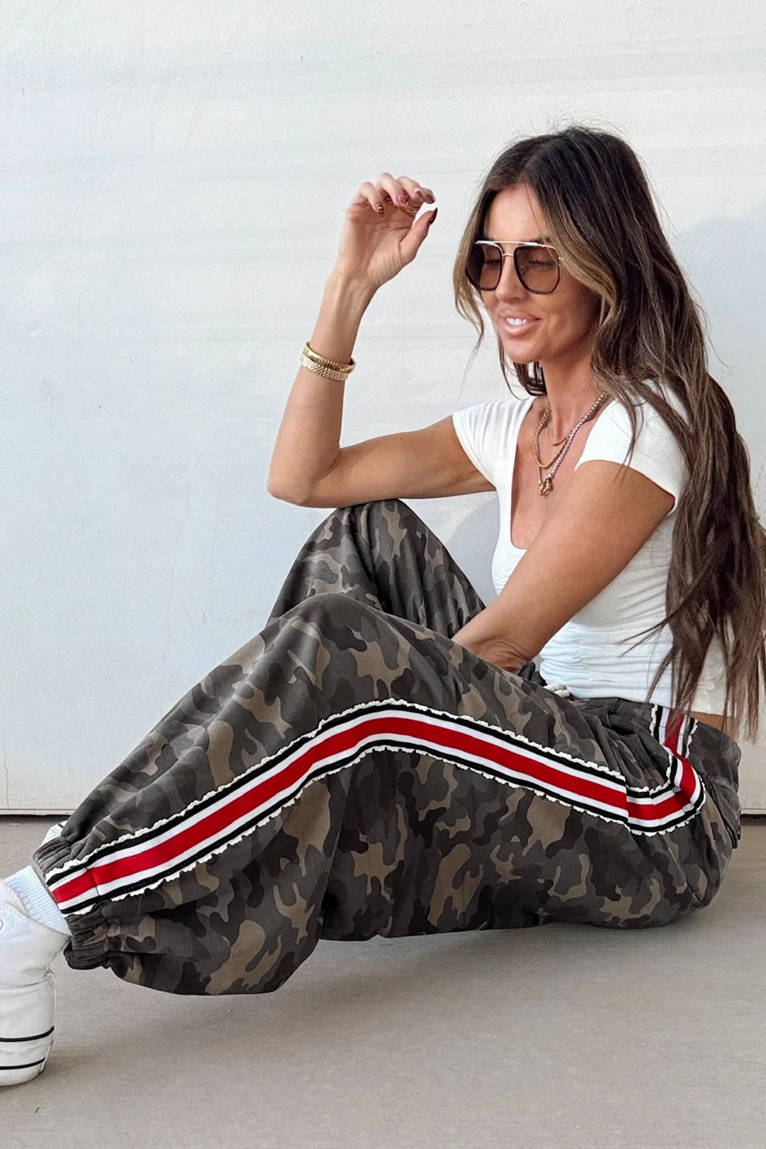 Camouflage Print Drawstring Pants Striped Side Panel Green Khaki Women S-XL