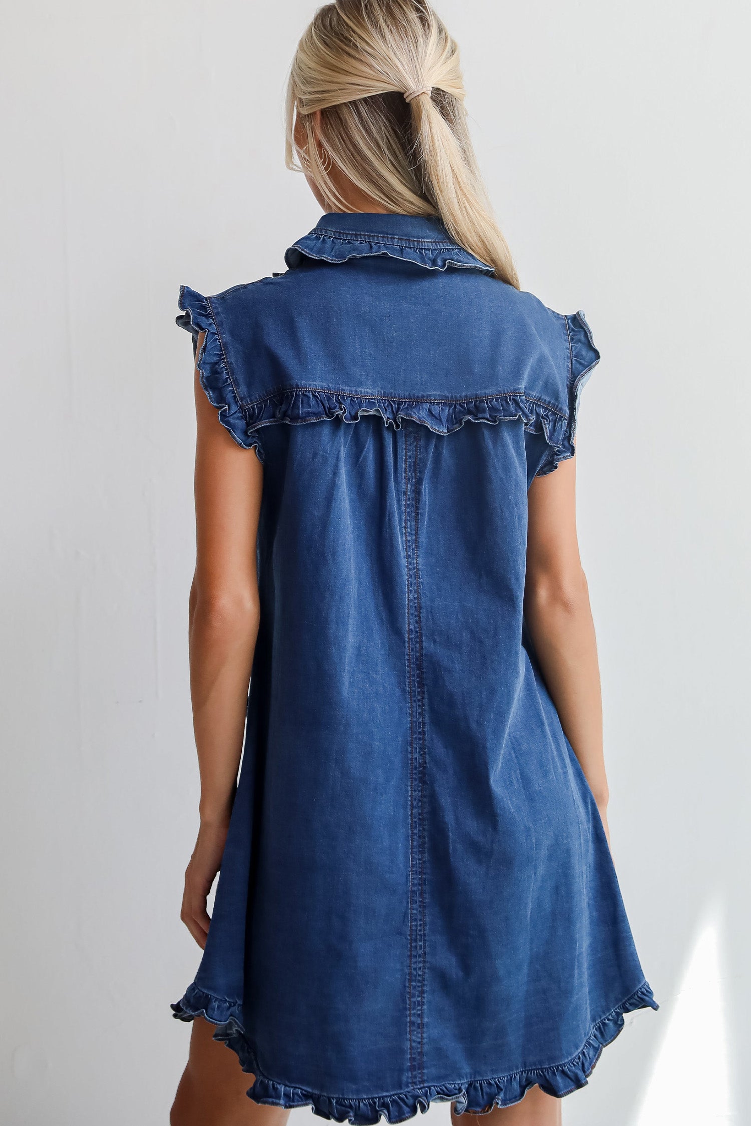 Women's Sail Blue Ruffled Collar Shift Denim Dress with Pockets at LivelyLooks