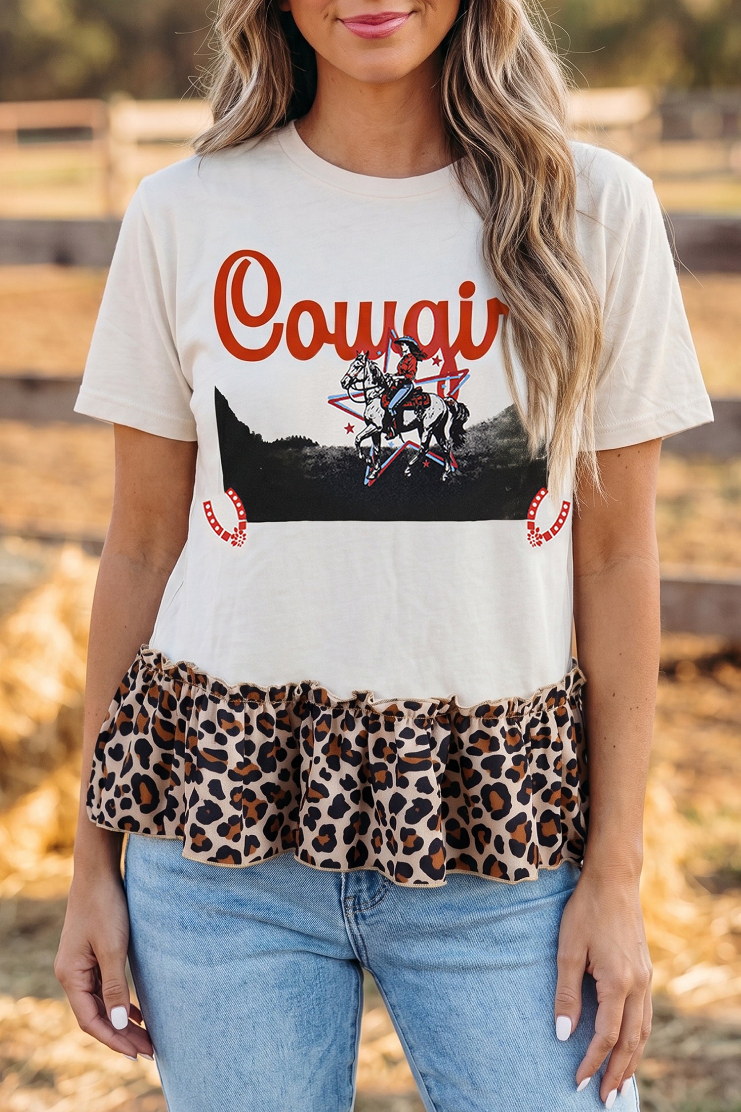 LivelyLooks White Retro Cowgirl Print Leopard Ruffle Hem Patchwork T-Shirt women's fashion