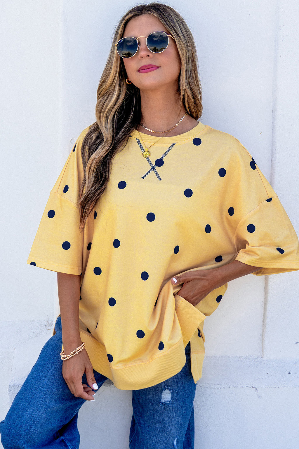 Women's Polka Dot Oversized Tee Crossed Seam Detail Yellow Sky Blue S-XL