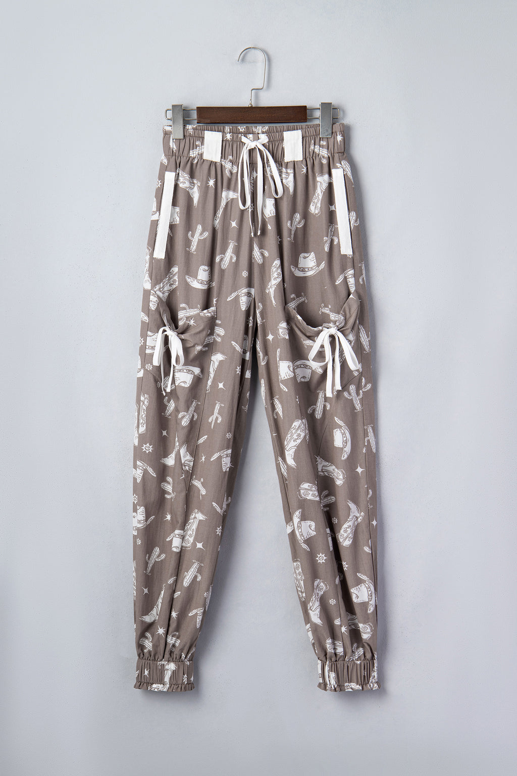 Khaki Western Cactus Cowgirl Print Vintage Drawstring Jogger Pants