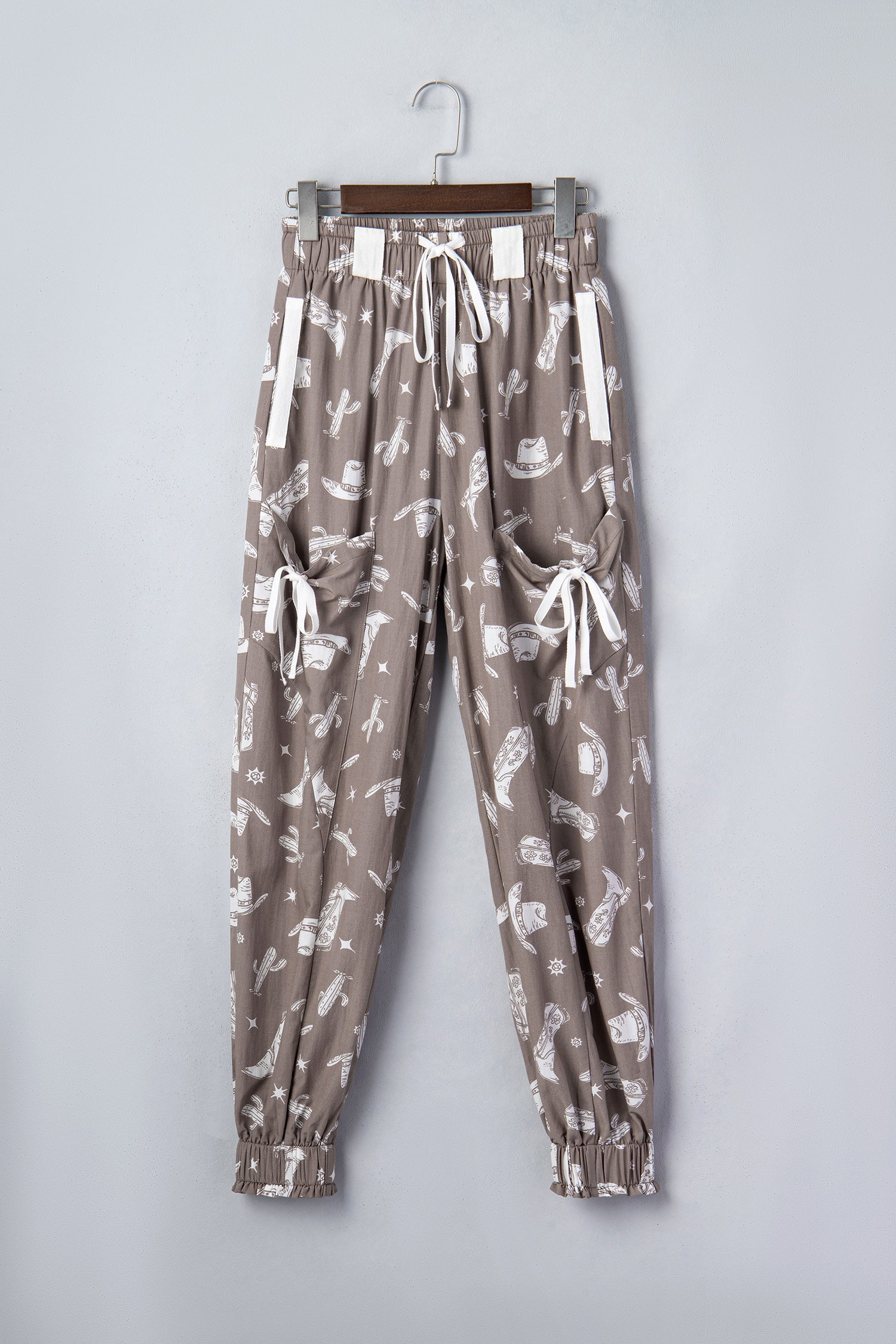 Khaki Western Cactus Cowgirl Print Vintage Drawstring Jogger Pants