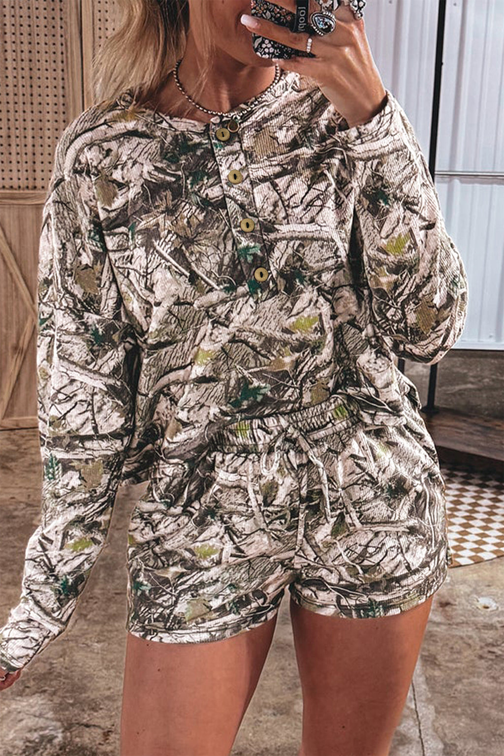 Brown Camo Long Sleeve Top & Elastic Waist Shorts Two Piece Set | UK 8–22