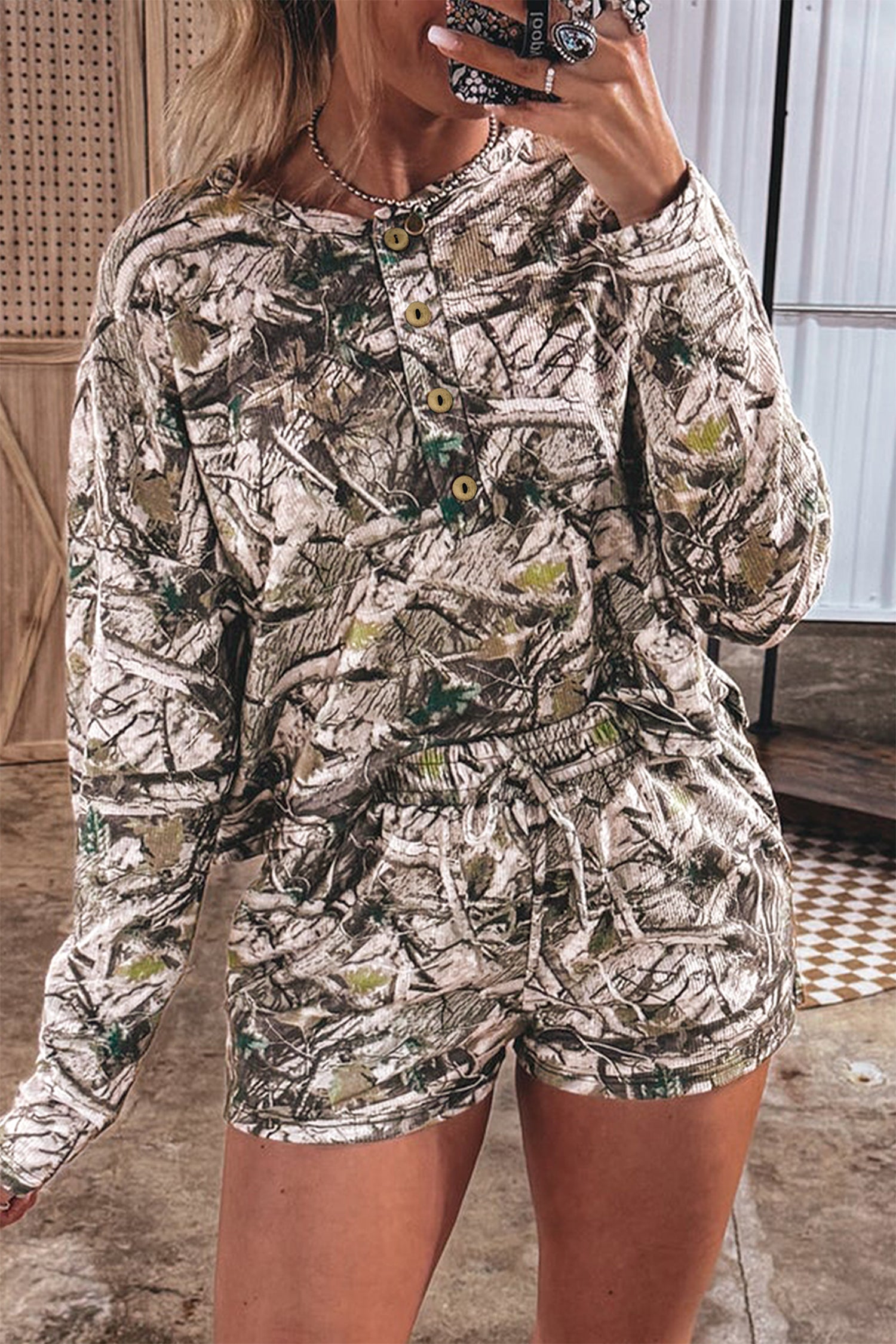 Brown Camo Long Sleeve Top & Elastic Waist Shorts Two Piece Set | UK 8–22
