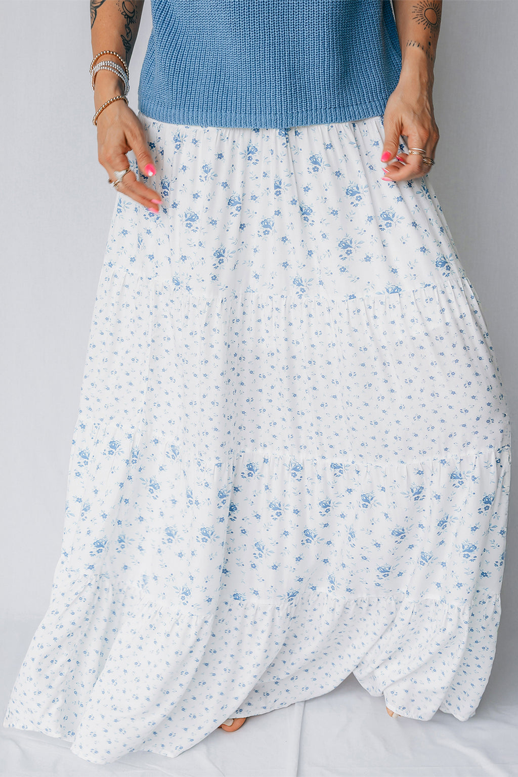 Women's Women's Boho Floral Tiered Maxi Skirt Patchwork Ruffled Elastic Waist White S-XL at LivelyLooks