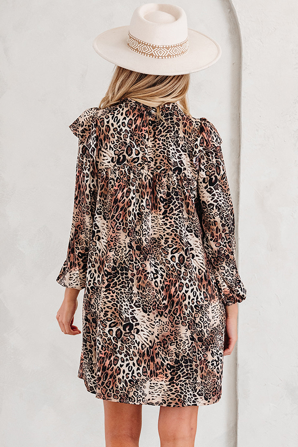 Women's Brown Leopard Ruffled Detail Long Sleeve Loose Mini Dress at LivelyLooks