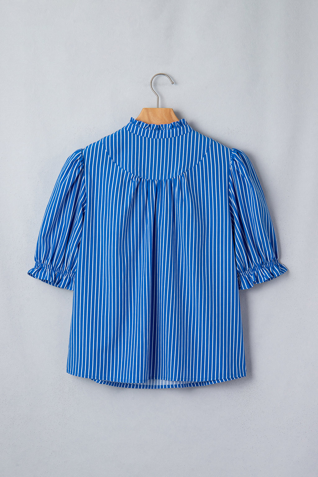 LivelyLooks Blue Stripe Puff Sleeve Blouse Ruffle Collar Button Front S-XL women's fashion