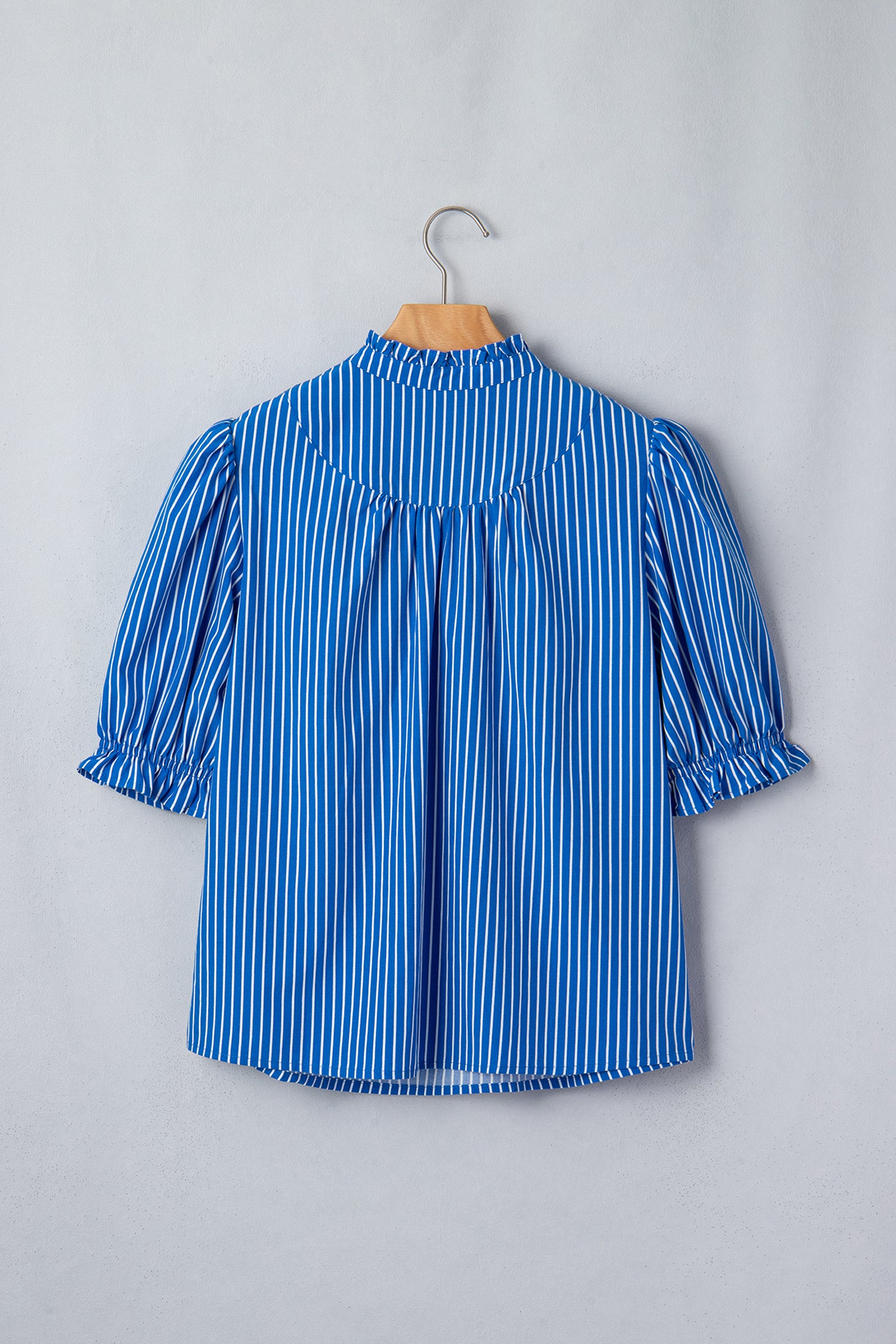 LivelyLooks Blue Stripe Puff Sleeve Blouse Ruffle Collar Button Front S-XL women's fashion