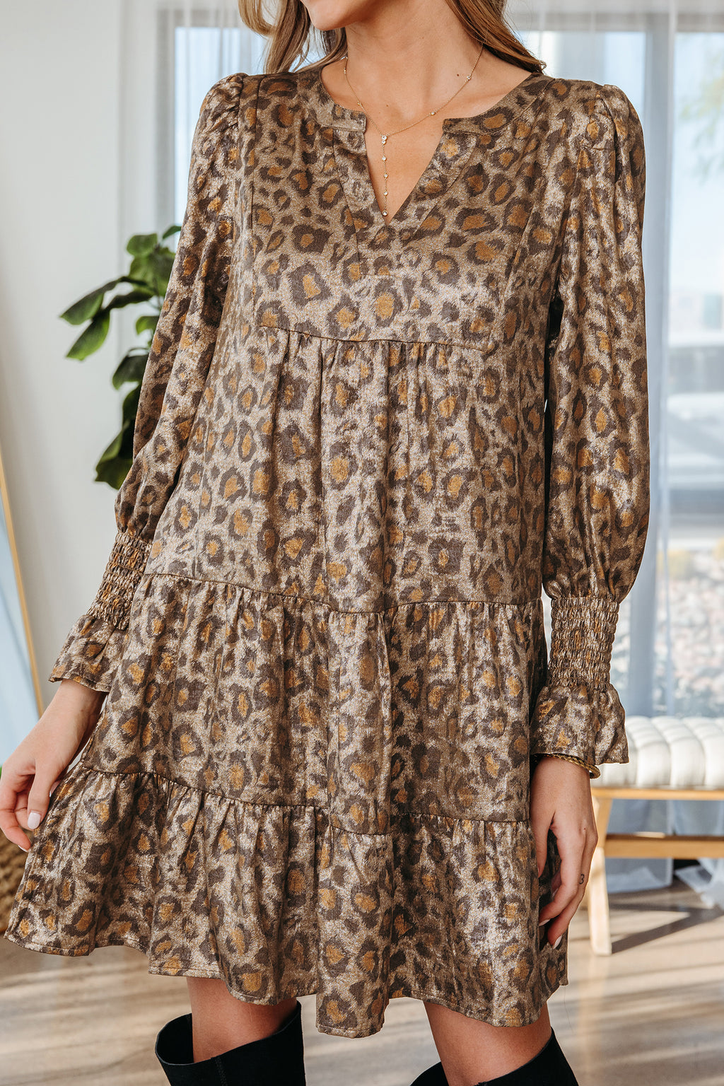 Women's Khaki Leopard Print V Neck Ruffled Sleeve Tiered Mini Dress at LivelyLooks