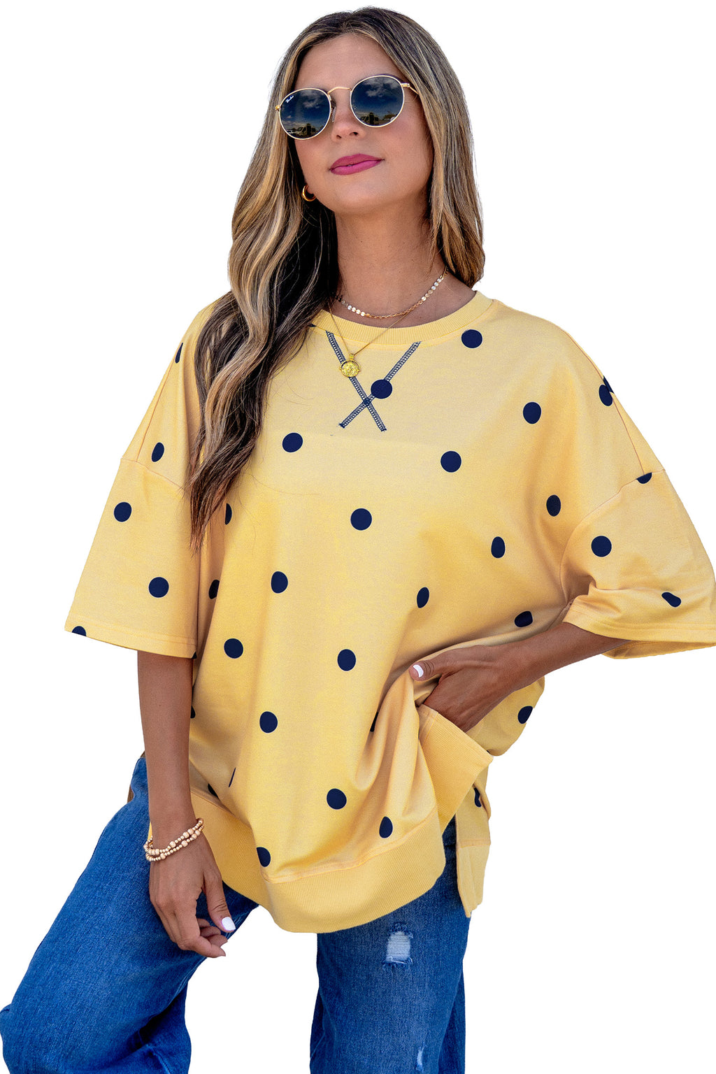 Women's Polka Dot Oversized Tee Crossed Seam Detail Yellow Sky Blue S-XL