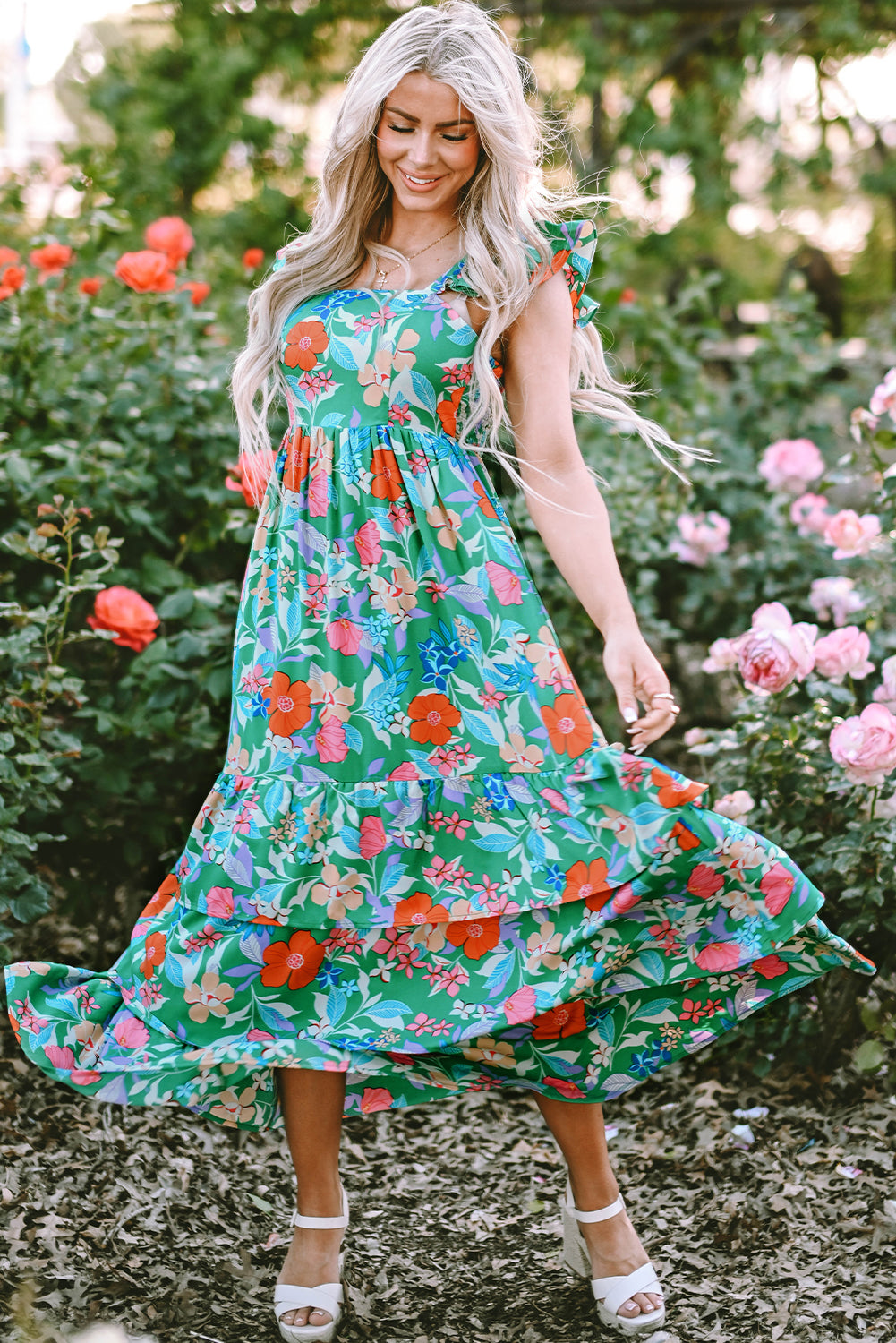 Women's Green Floral Print Sleeveless Ruffle Tiered Maxi Dress at LivelyLooks