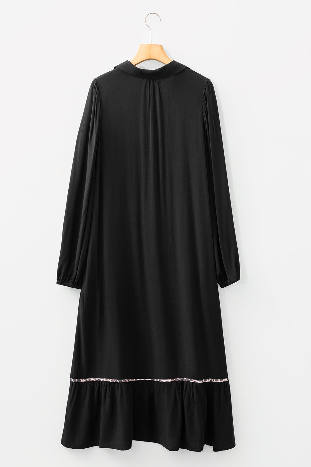 Women's Black Collared V Neck Smocked Detail Contrast Leopard Trim Bracelet Sleeve Long Dress at LivelyLooks