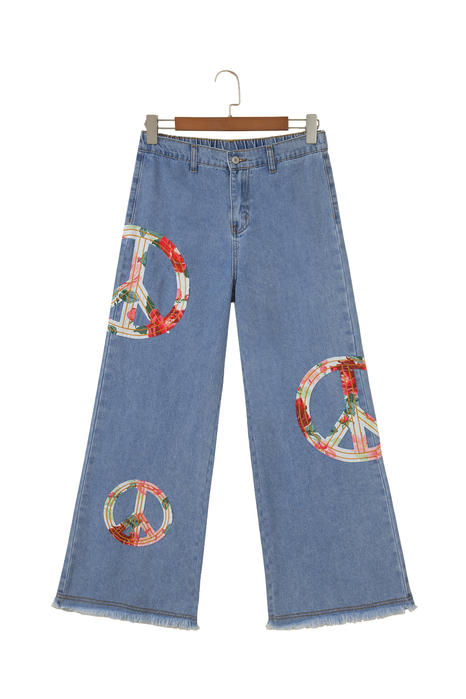 Blue Floral Peace Sign Embroidered Patch Wide Leg Jeans | Boho Denim | UK 4-14