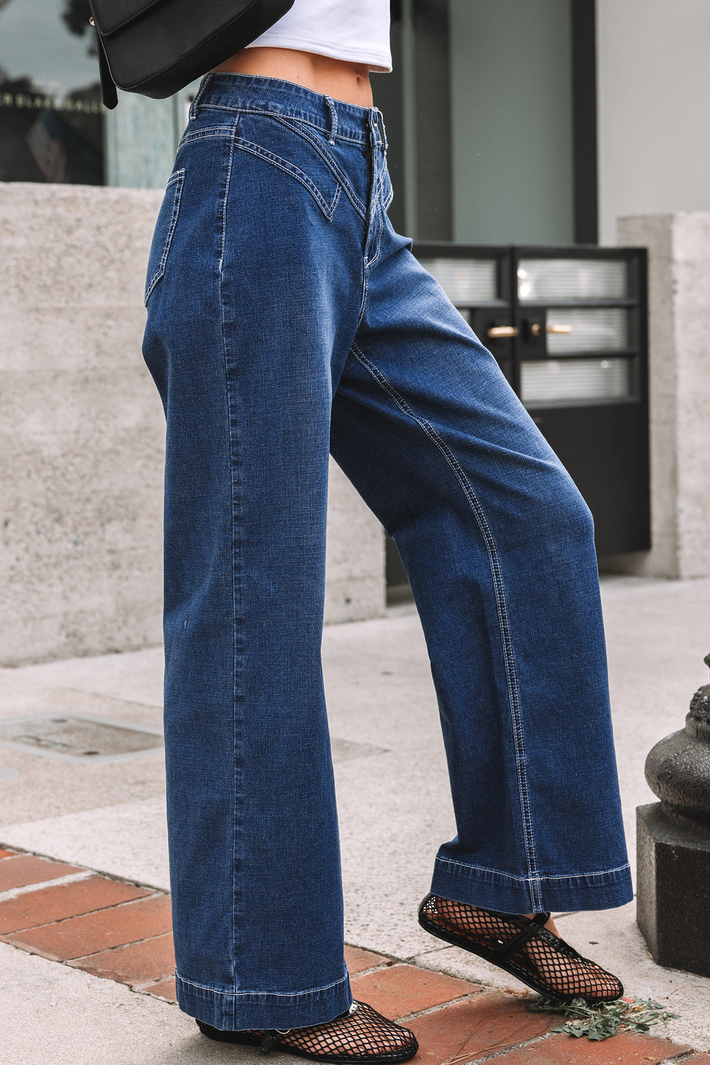 Sail Blue Loose Cuffed Jeans Stitched Waist Detail Women UK 4-16