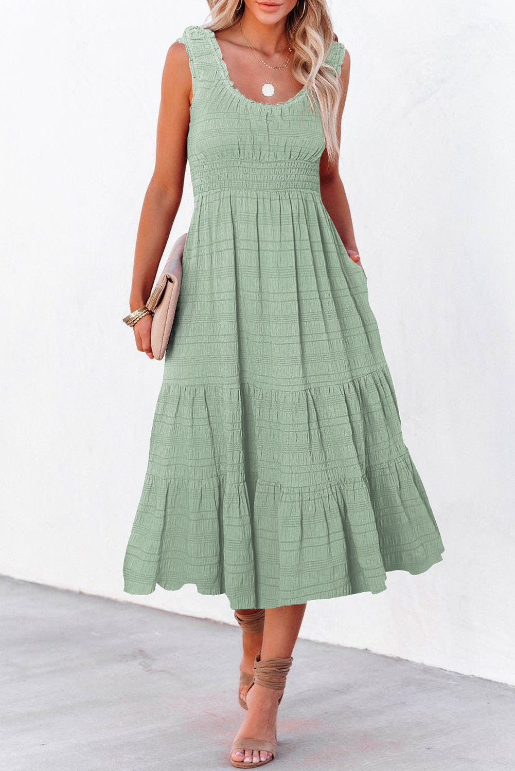 Shop Shirred Pleated Square Neck Sleeveless Midi Dress | S-XL at LivelyLooks