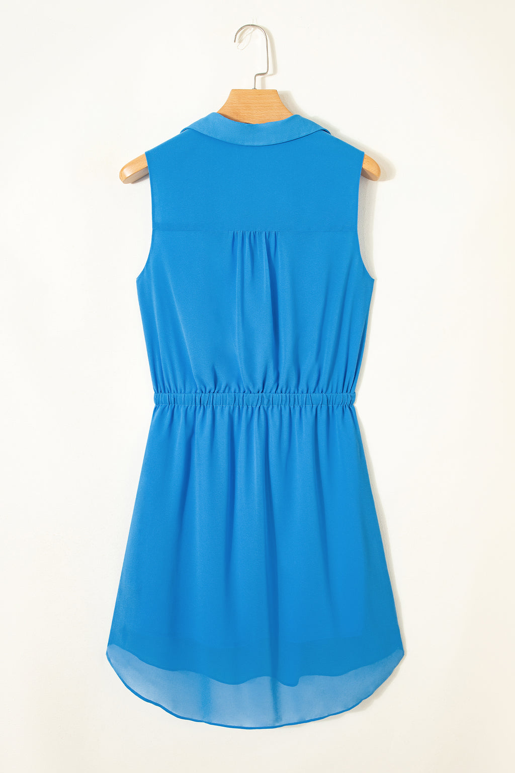 Blue Half Button Collared Elastic Waist Sleeveless Shirt Dress S-XL