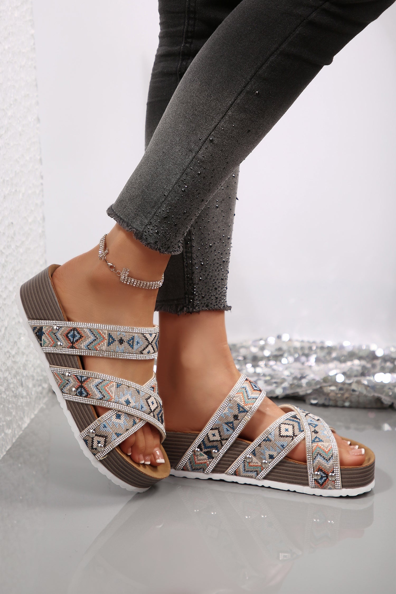 Shop Black Rhinestone Strappy Platform Sandals | Tribal Geometric Flatform at LivelyLooks