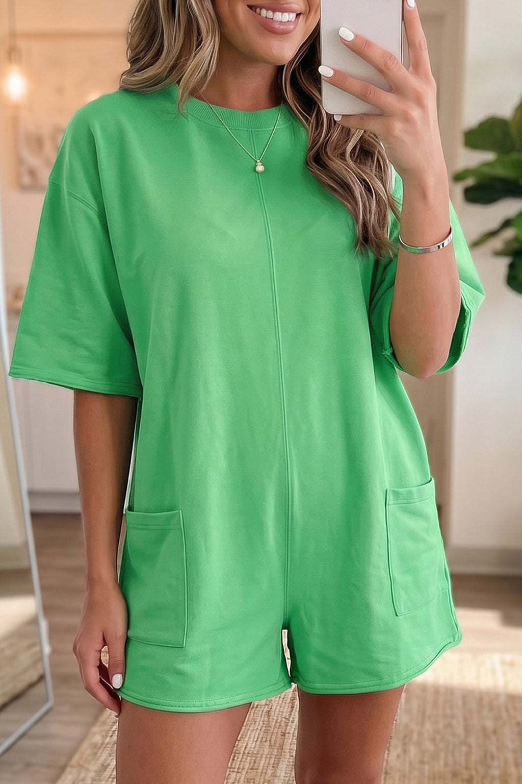 Solid Colour Raw Edge Half Sleeve Pocketed Loose Romper | Green, Pink & Red | UK 8-22