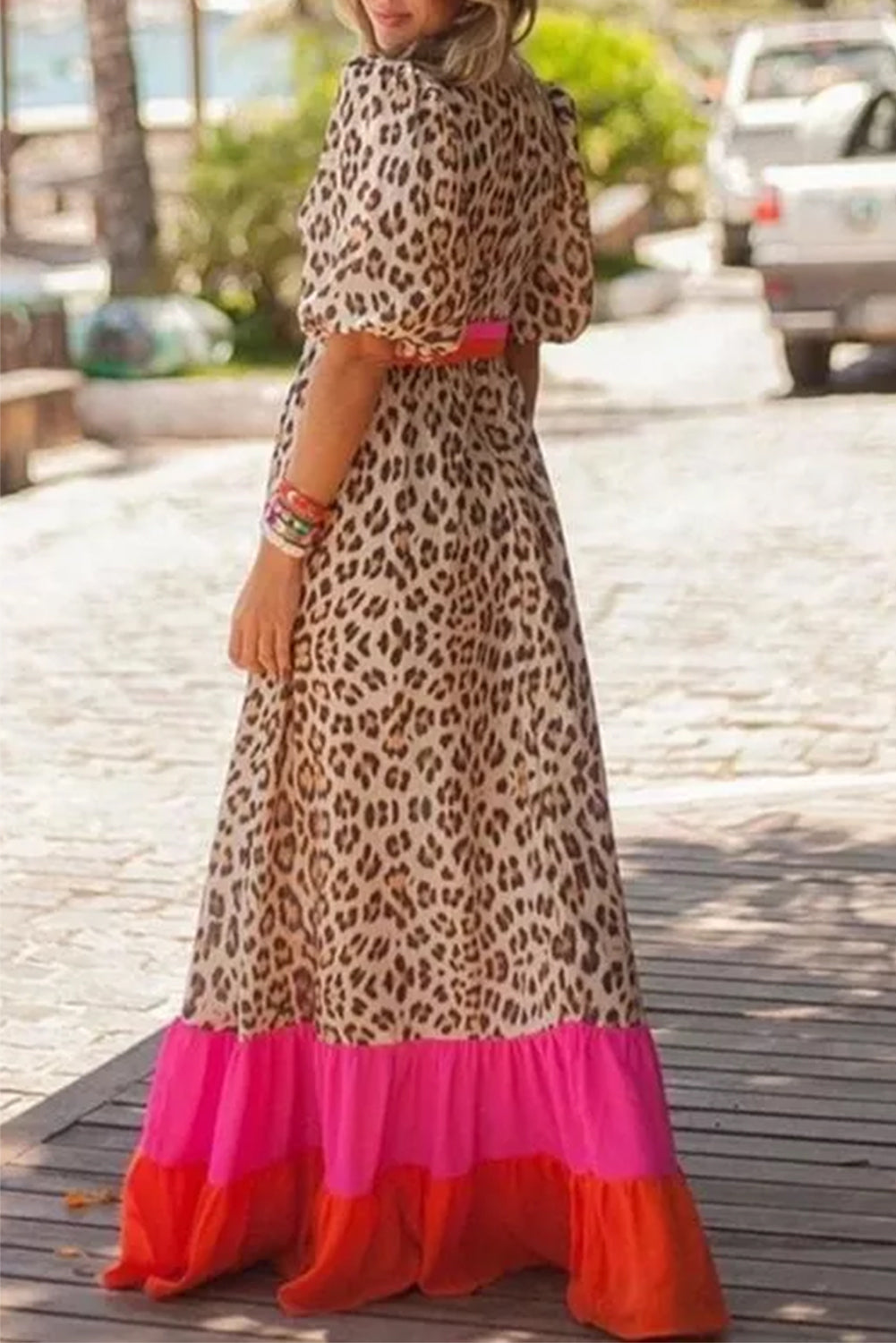 Bright Pink Leopard Colour Block Bubble Sleeve Maxi Dress S-3XL