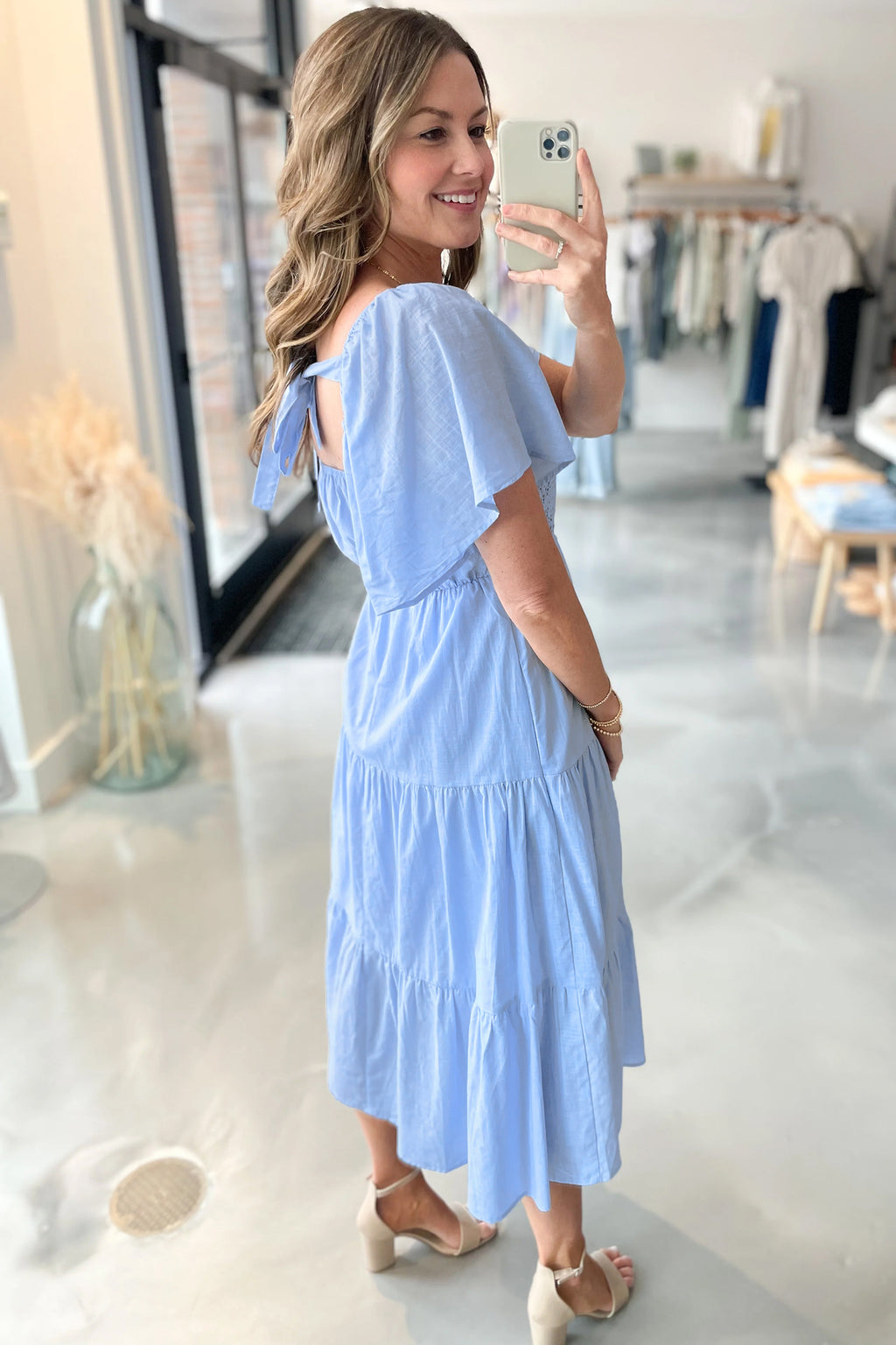Women's Blue Flowy Short Sleeve Lace Detail Square Neck Tiered Midi Dress S-XL at LivelyLooks