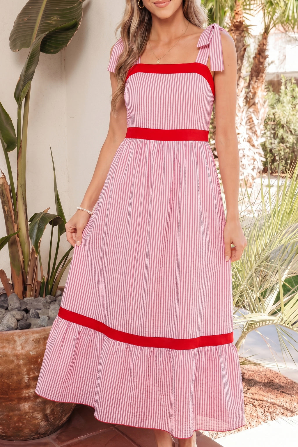 LivelyLooks Red Stripe Bow Knot Straps Contrast Trim High Waist Ruffle Maxi Dress women's fashion