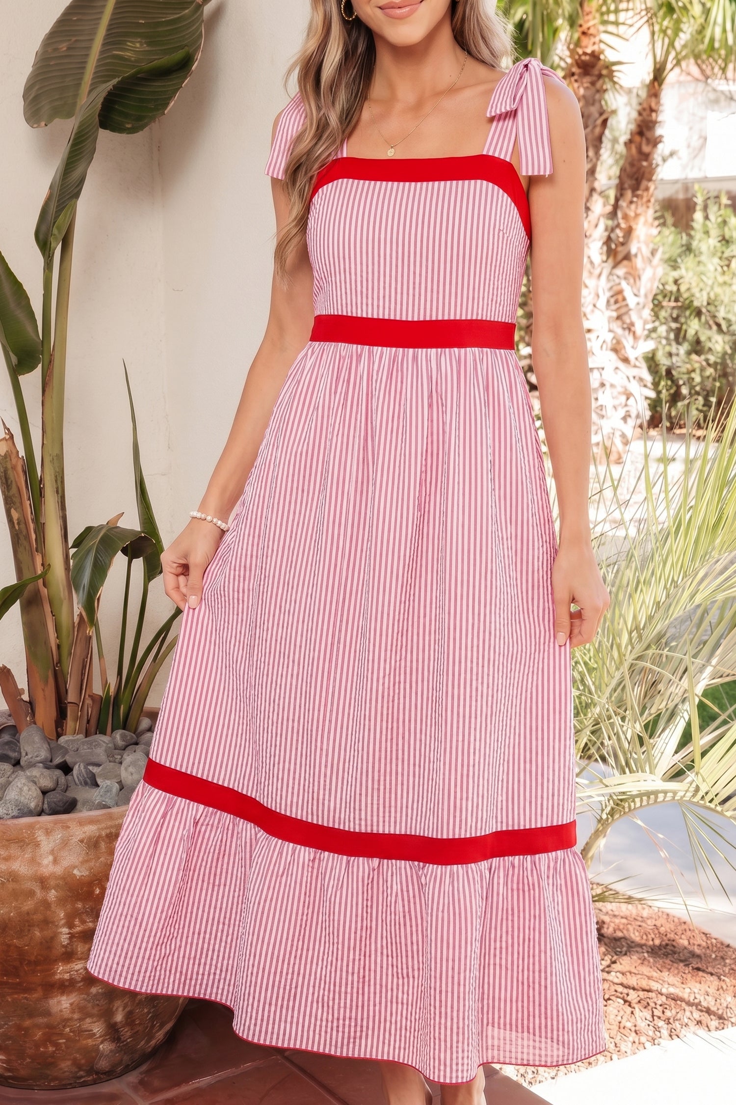 LivelyLooks Red Stripe Bow Knot Straps Contrast Trim High Waist Ruffle Maxi Dress women's fashion