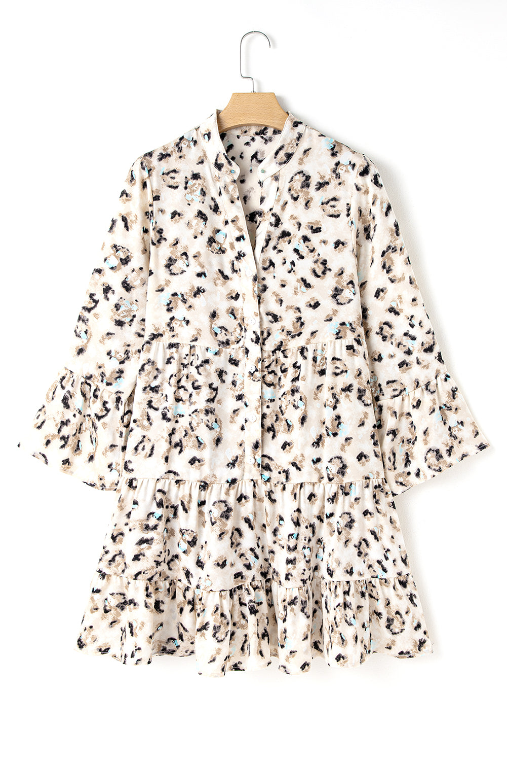Women's Rose Leopard Print Buttoned Front 3/4 Sleeve Tiered Ruffle Hem Dress at LivelyLooks