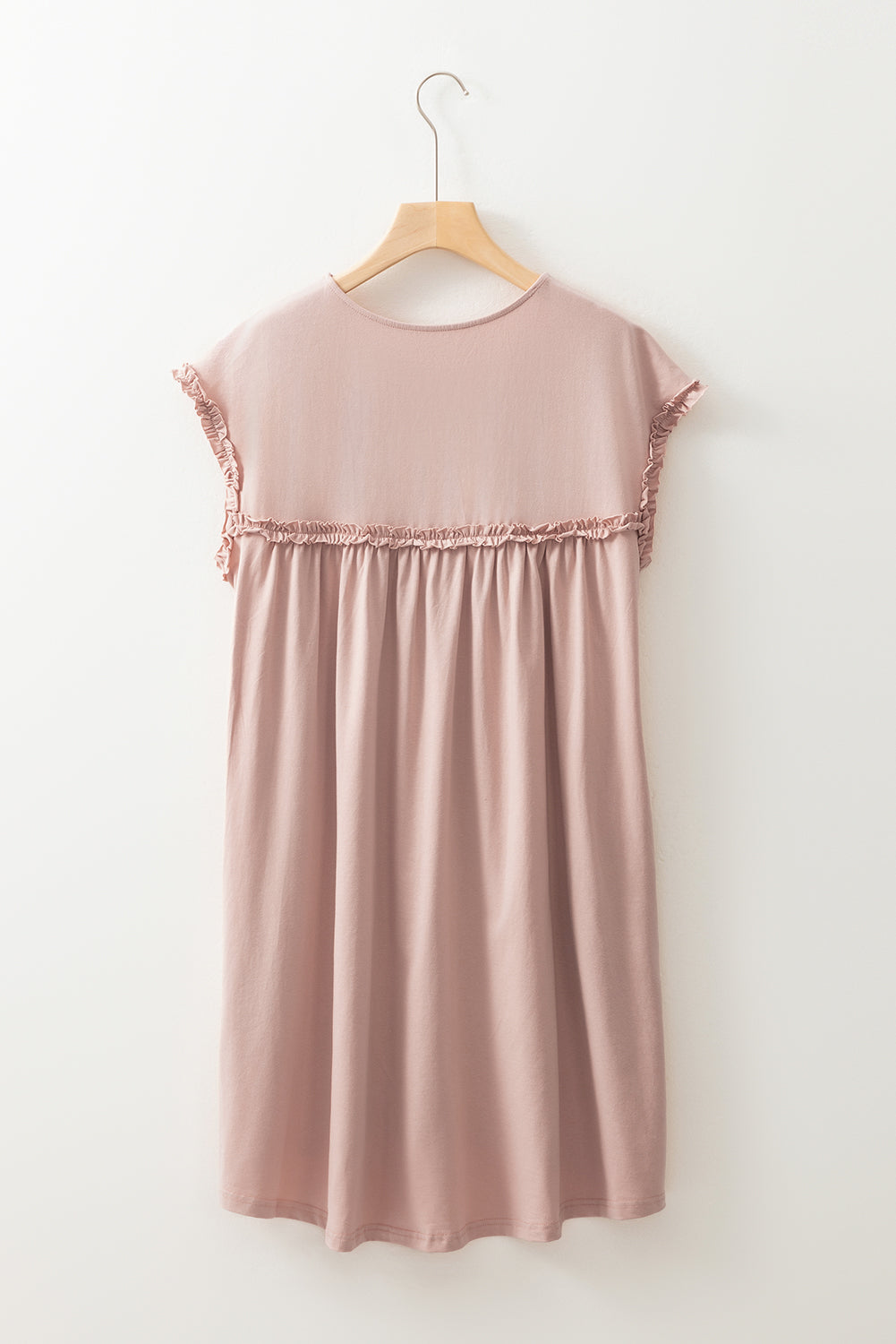 Beige & Mint Green Frilled Trim Crew Neck Loose Mini Dress S-XL