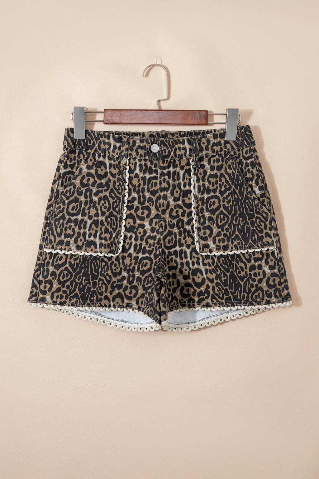 Shop Khaki Leopard Denim Shorts Scalloped Lace Trim Women S-XL at LivelyLooks
