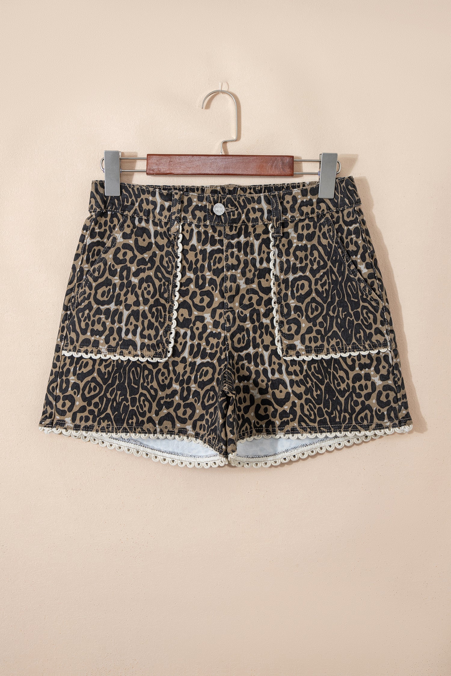 Shop Khaki Leopard Denim Shorts Scalloped Lace Trim Women S-XL at LivelyLooks